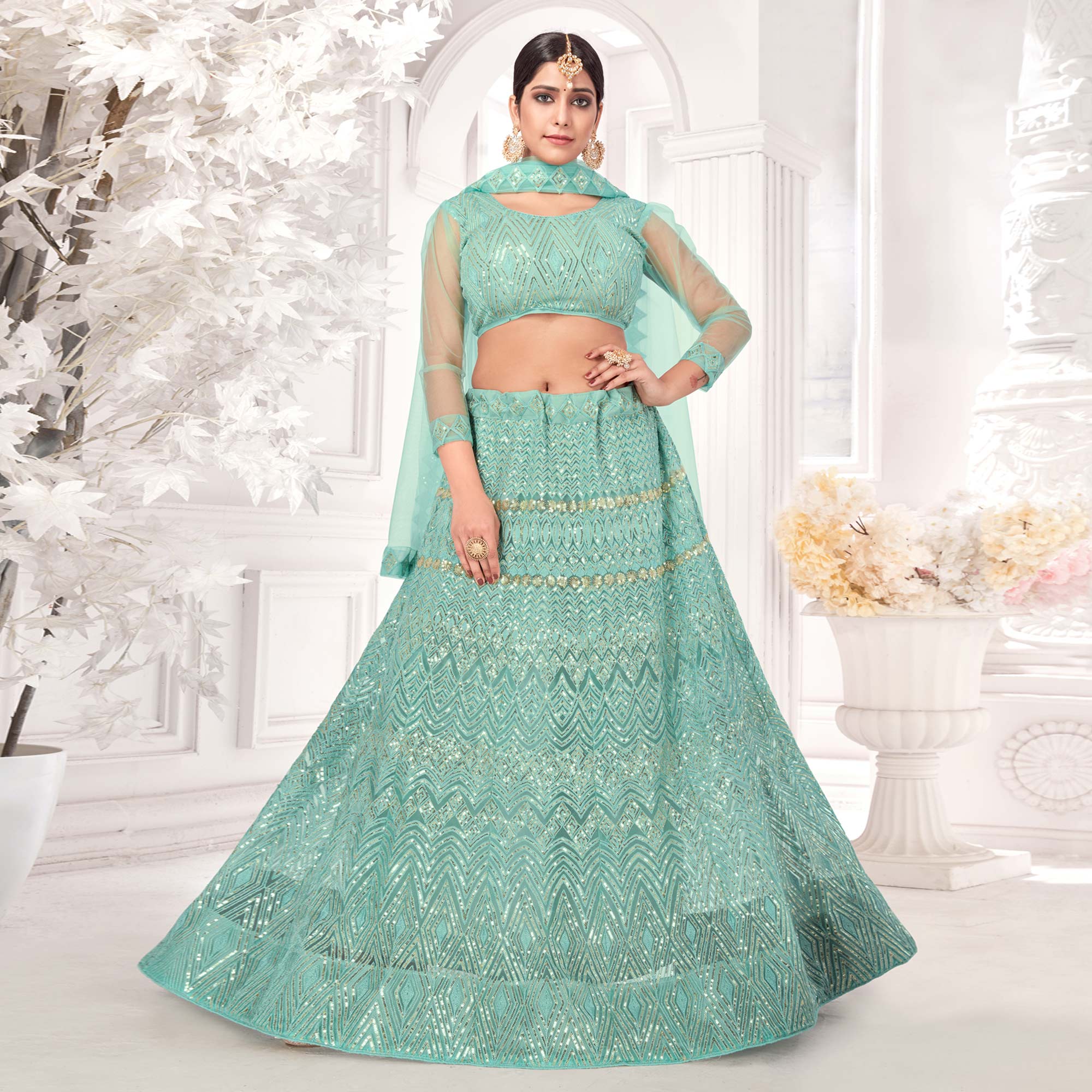 Sea Green Sequins Embroidered Netted Lehenga Choli