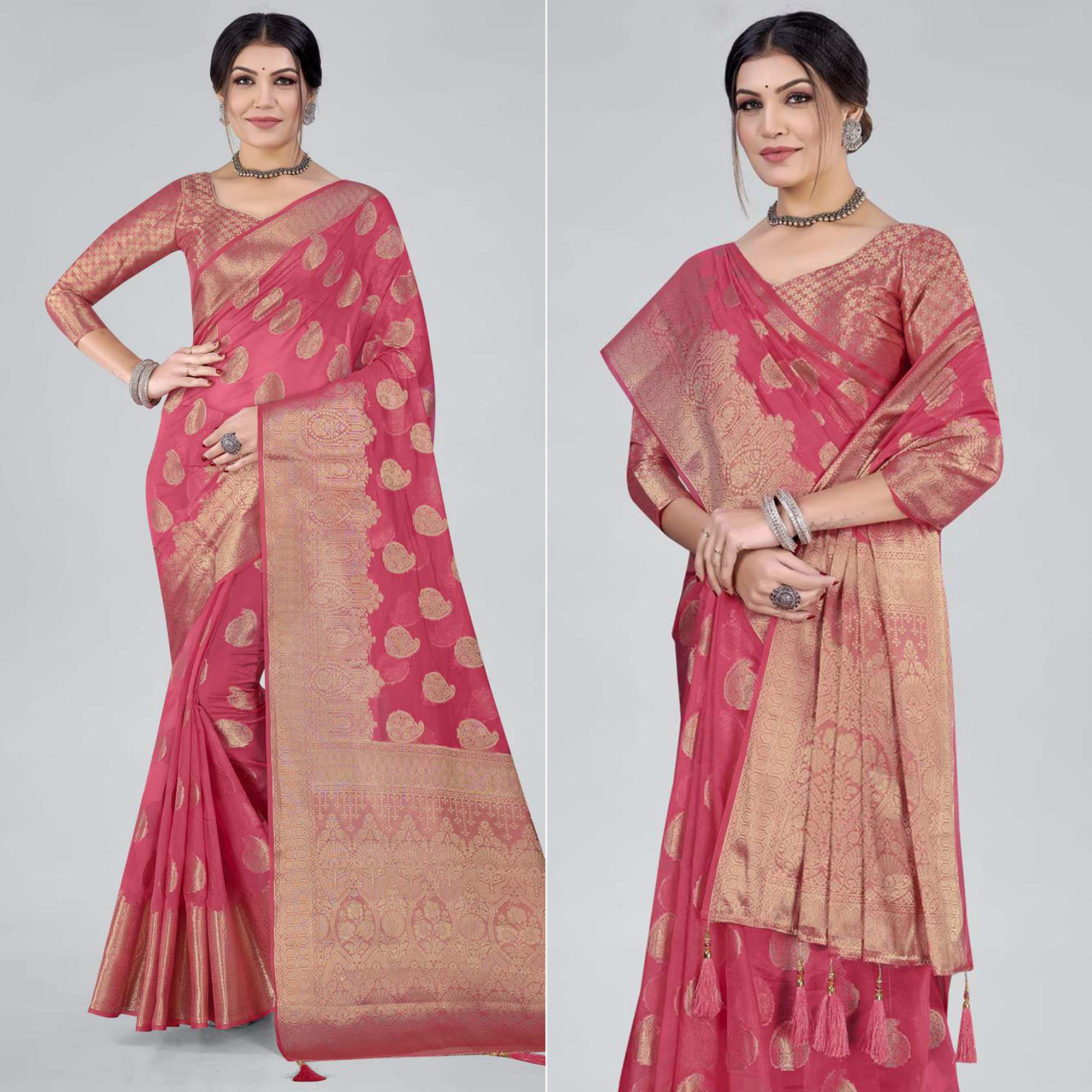 Pink Woven Organza Saree With Tassels