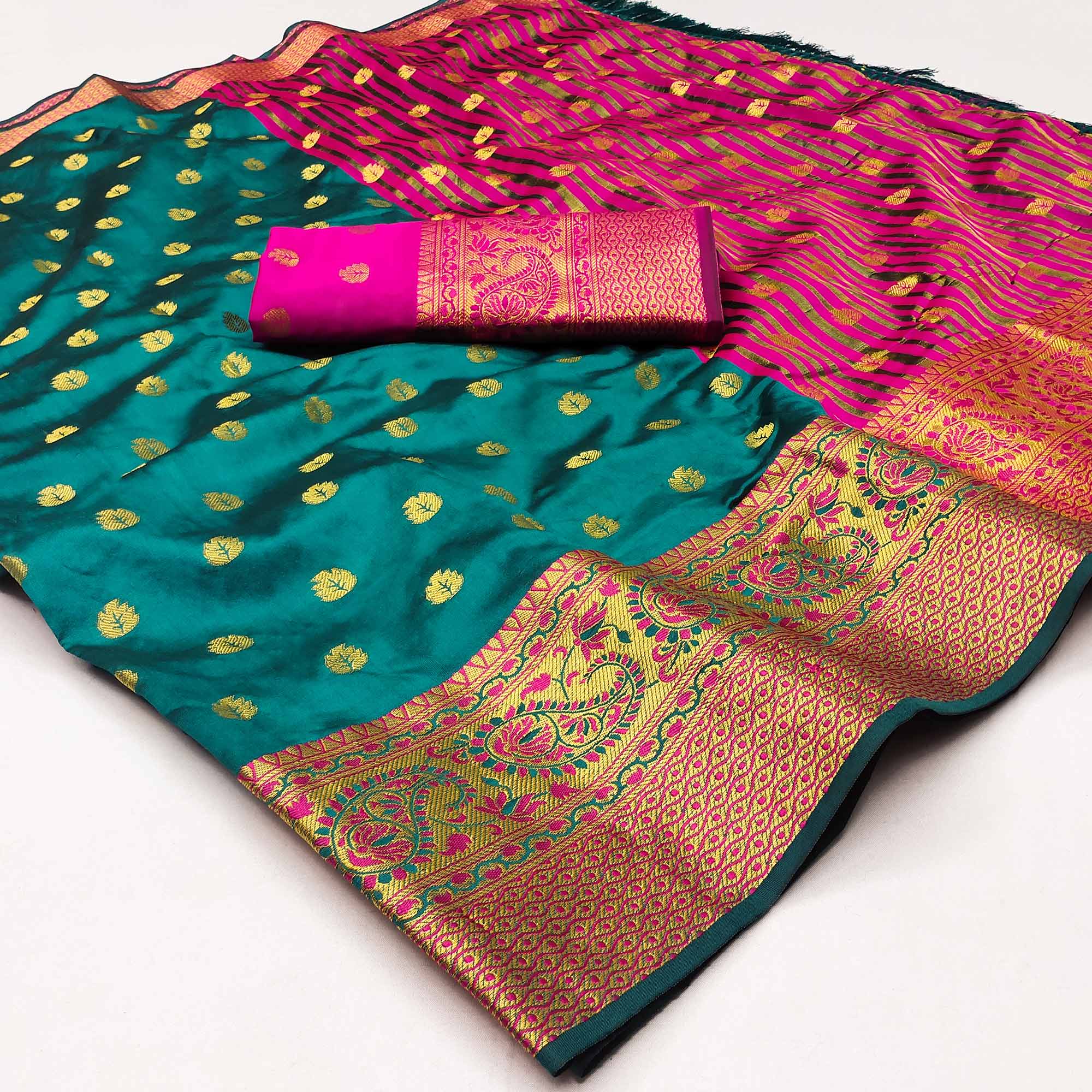 Rama Blue Woven Jacquard Saree With Tassels