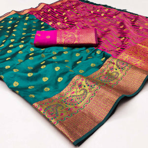 Rama Blue Woven Jacquard Saree With Tassels