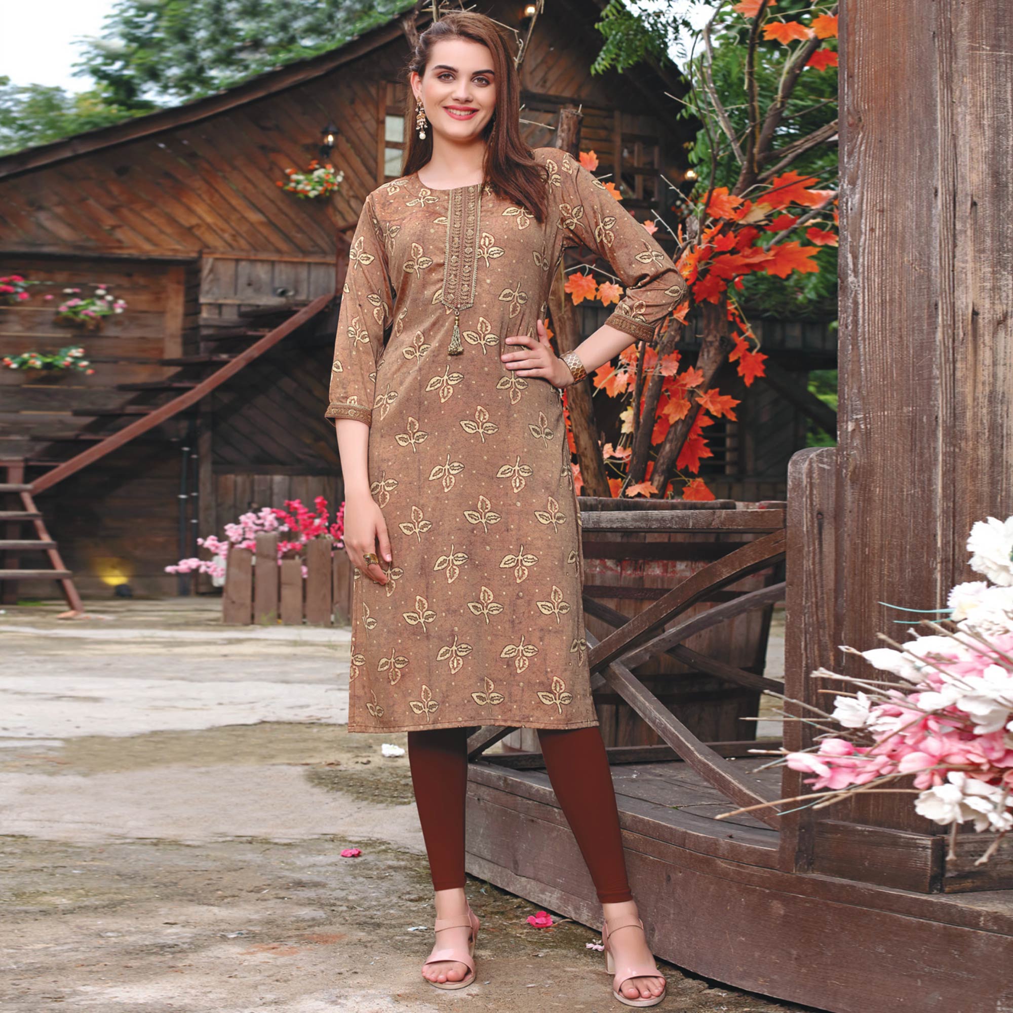 Brown Printed Muslin Kurti