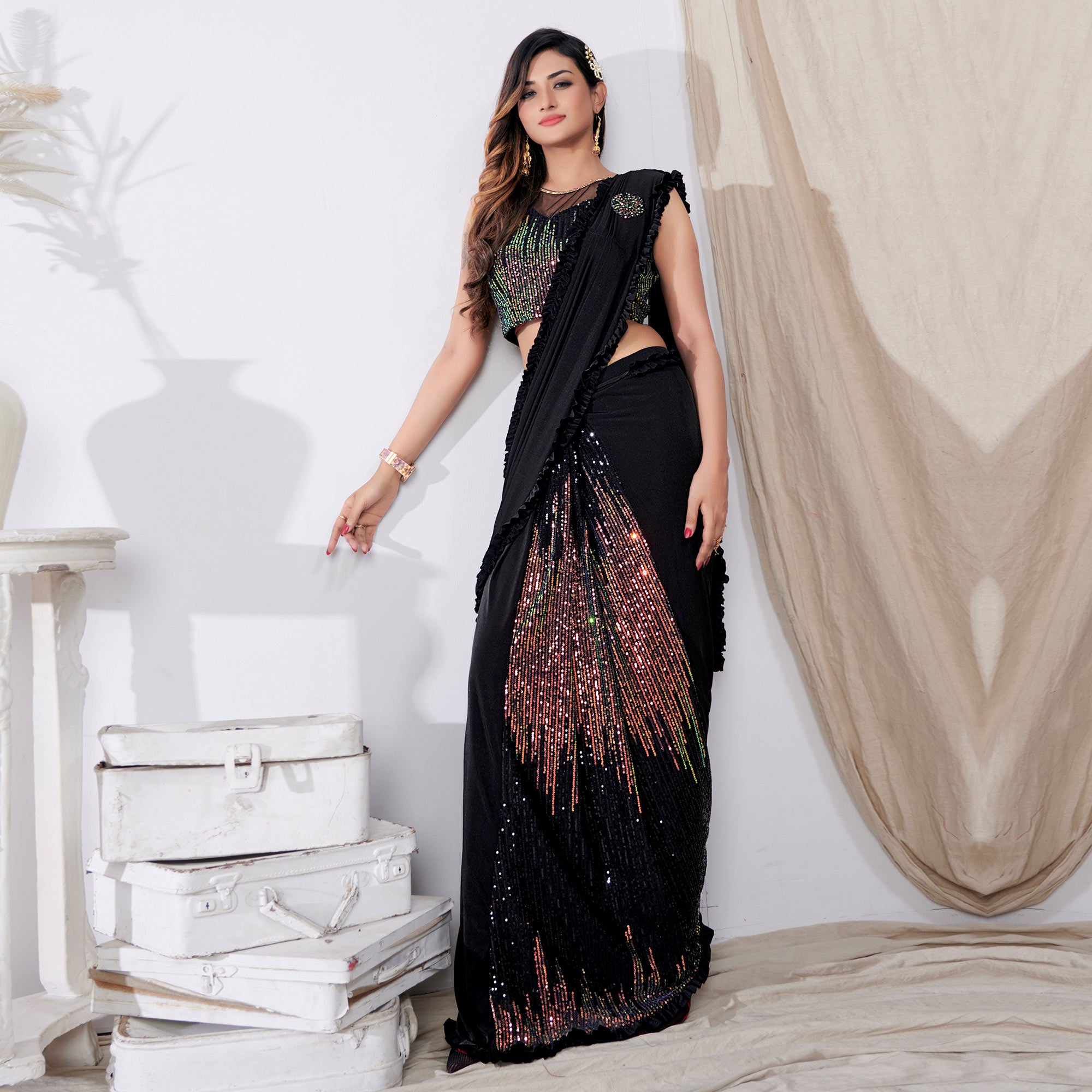 Black Sequins Embroidered Lycra Ready to Wear Saree