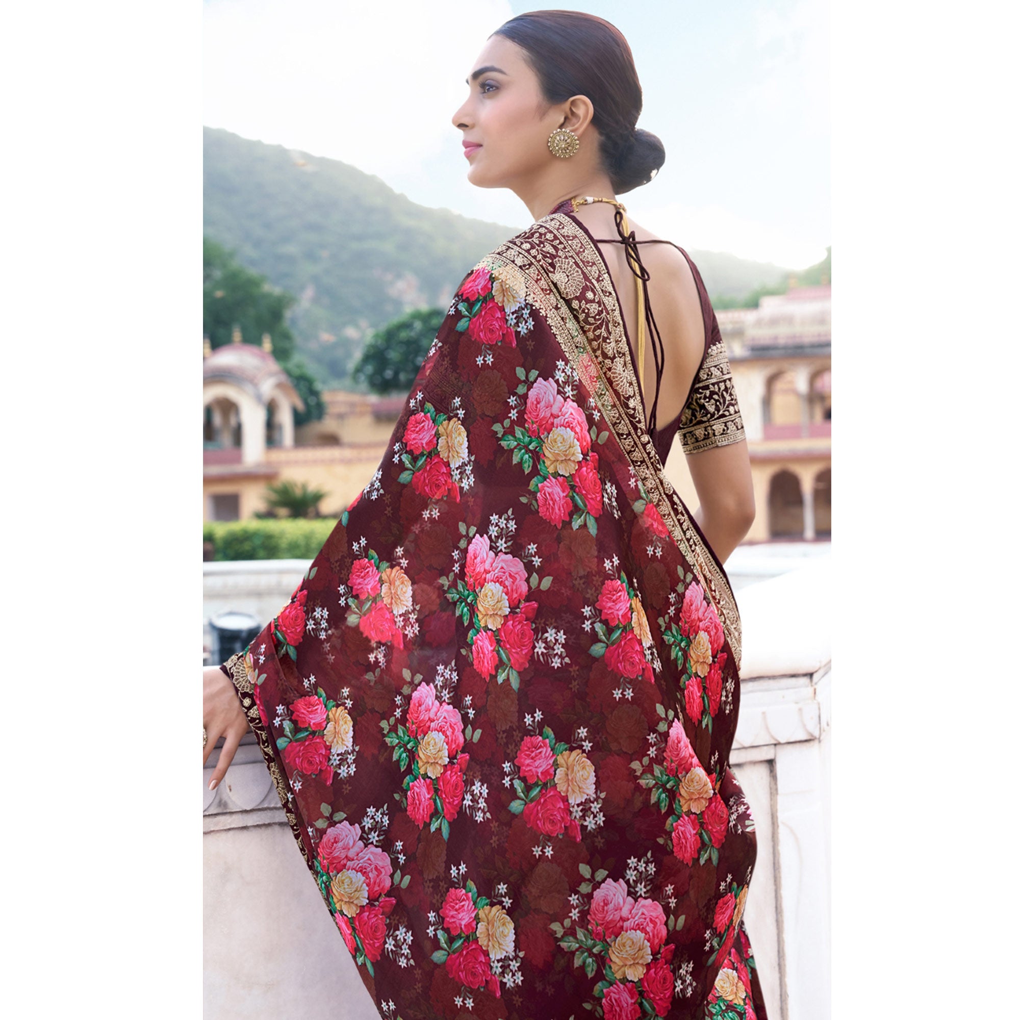 Maroon Floral Printed With Embroidered Organza Saree