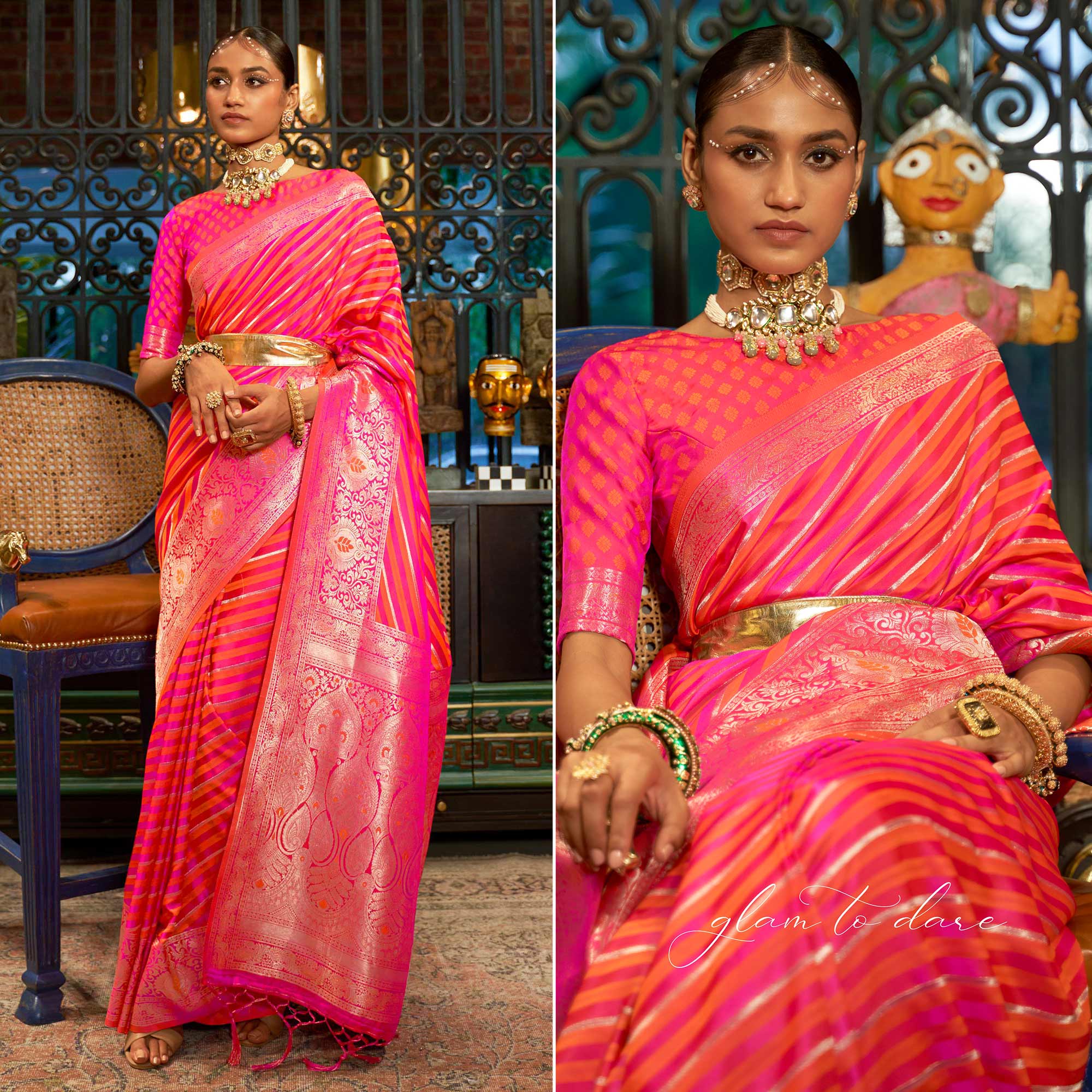 Pink Woven Satin Saree With Tassels