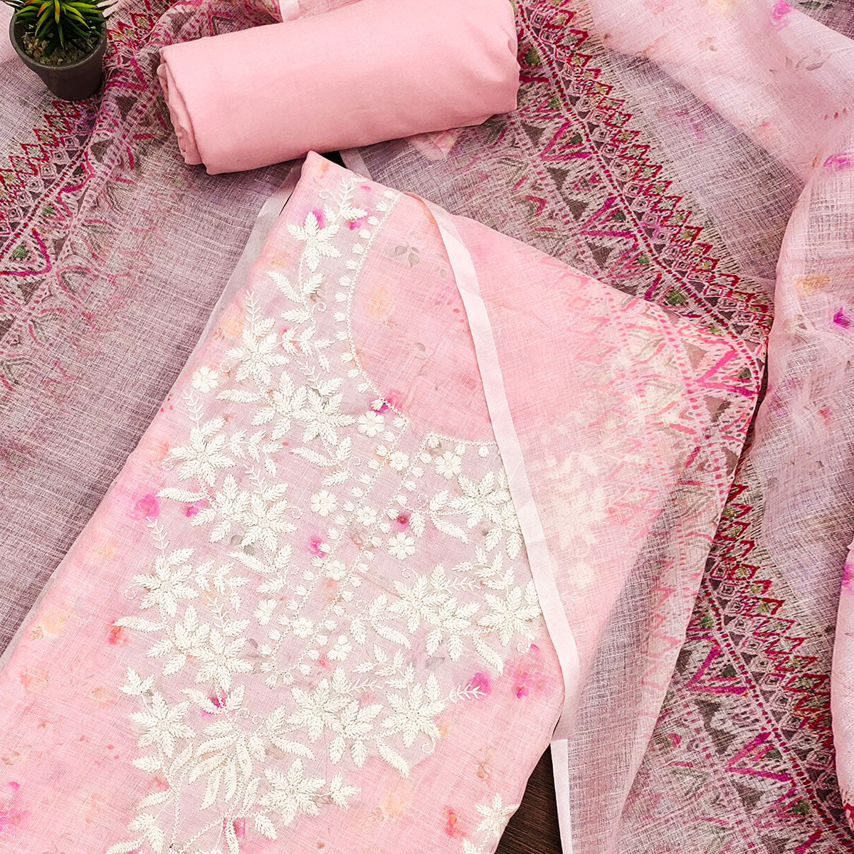 Pink Floral Printed Cotton Dress Material