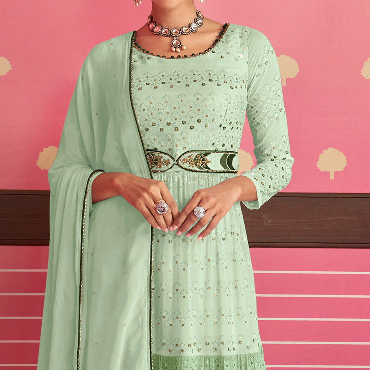 Pista Green Sequins Embroidered Georgette Naira Cut Suit