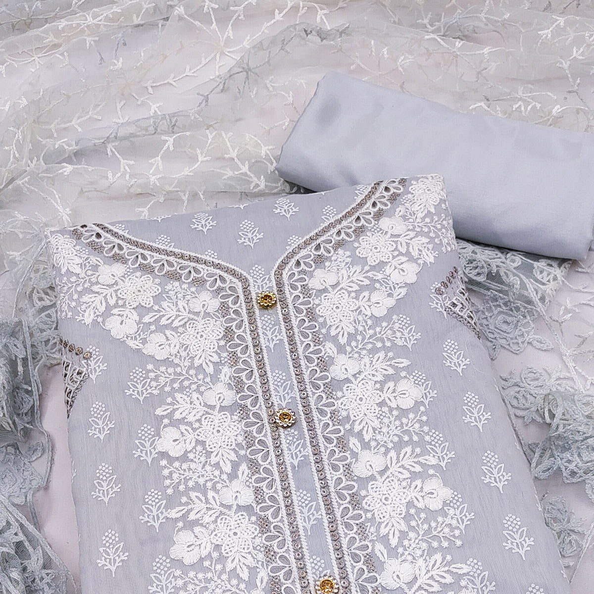 Grey Floral Embroidered Chanderi Dress Material