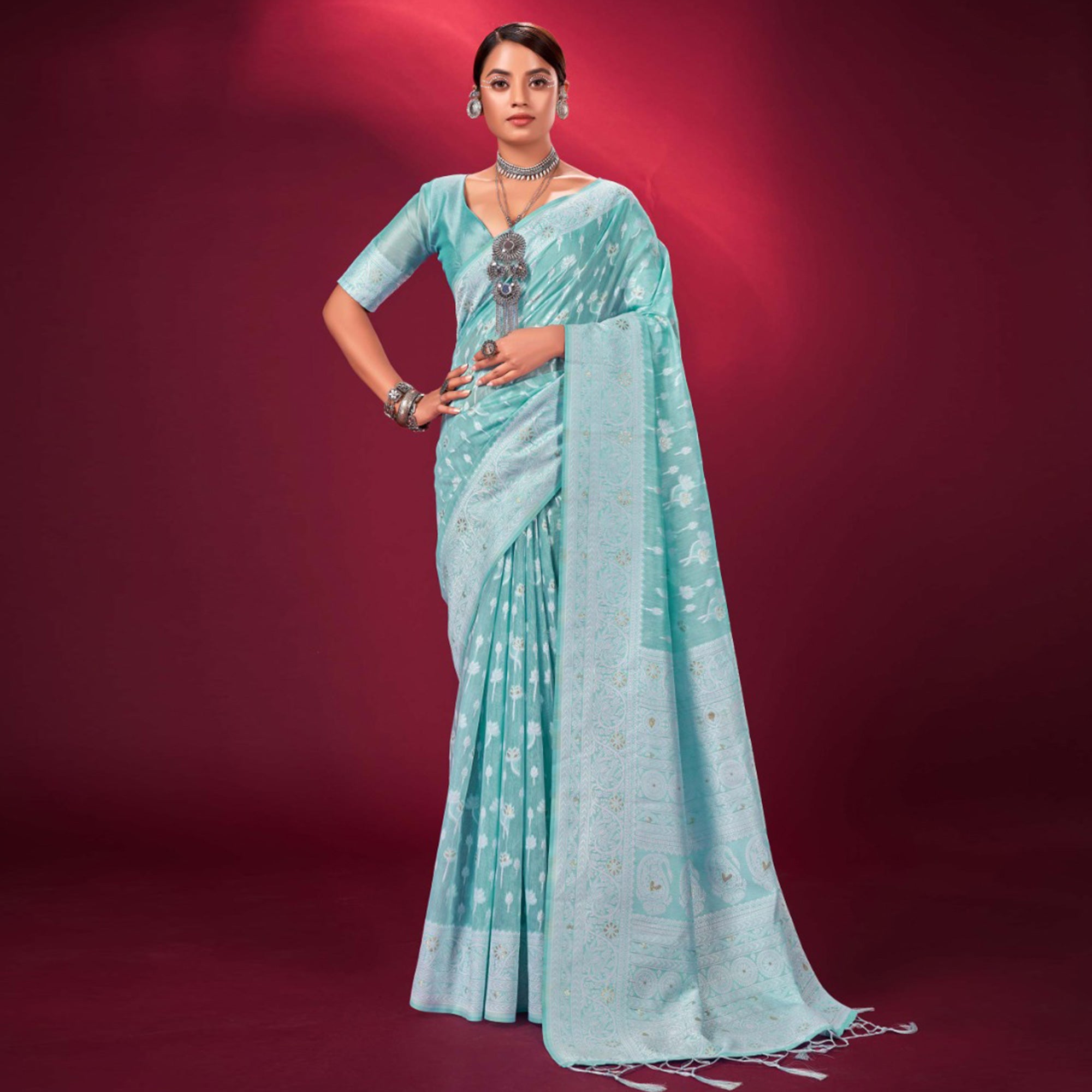 Sky Blue Woven Cotton Silk Saree With Tassels