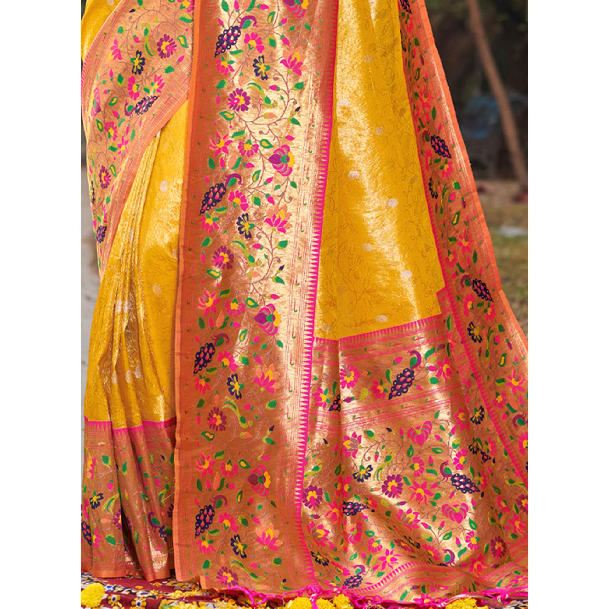 Yellow Woven Art Silk Paithani Saree With Tassels