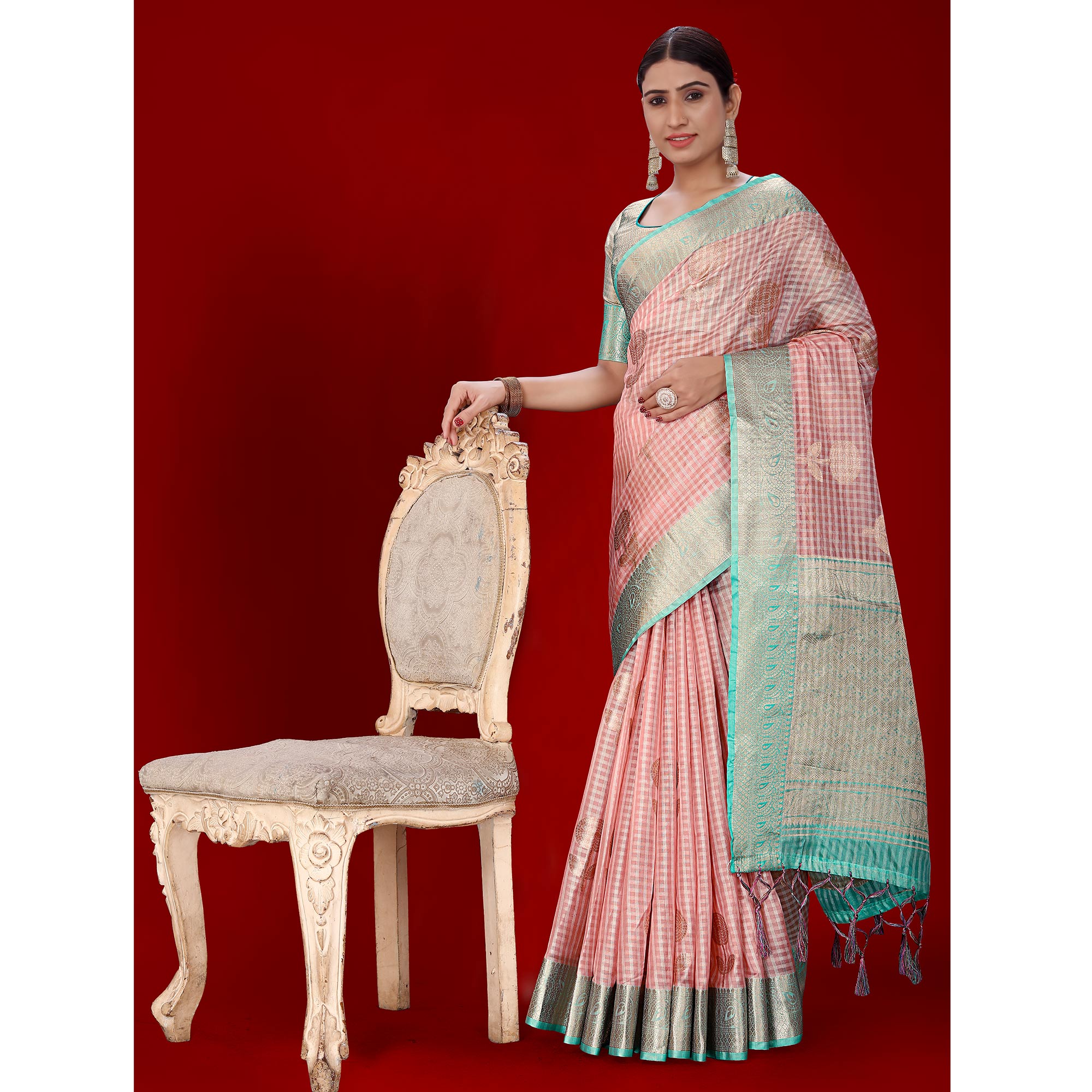 Pink Floral Woven Organza Saree With Tassels