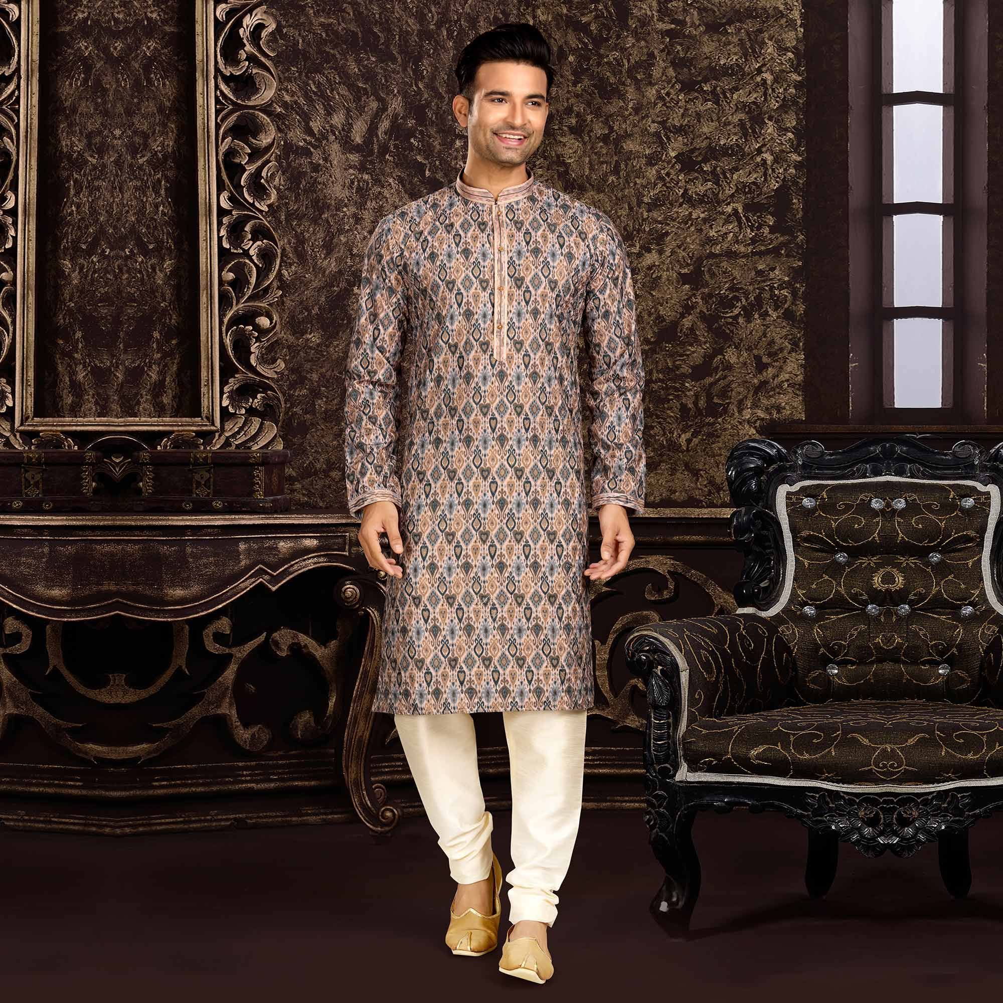Grey Lucknowi And Digital Printed Cotton Kurta Pyjama Set