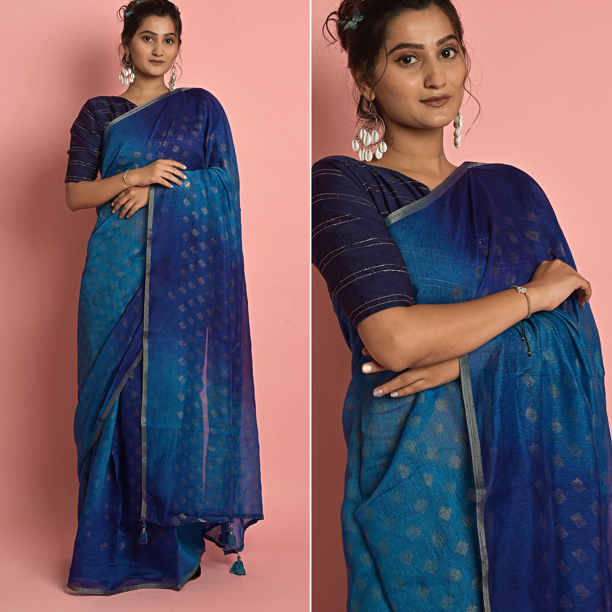 Blue & Navy Blue Foil Printed Cotton Blend Saree