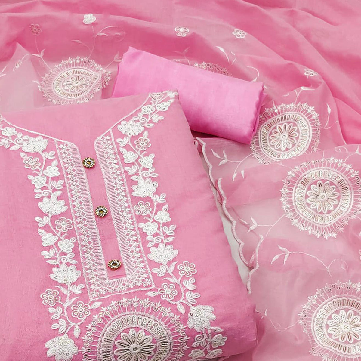 Pink Floral Embroidered Chanderi Dress Material