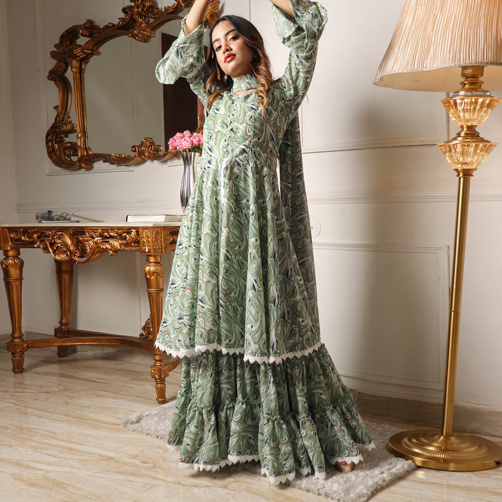 Green Printed Georgette Sharara Suit With Crosia border