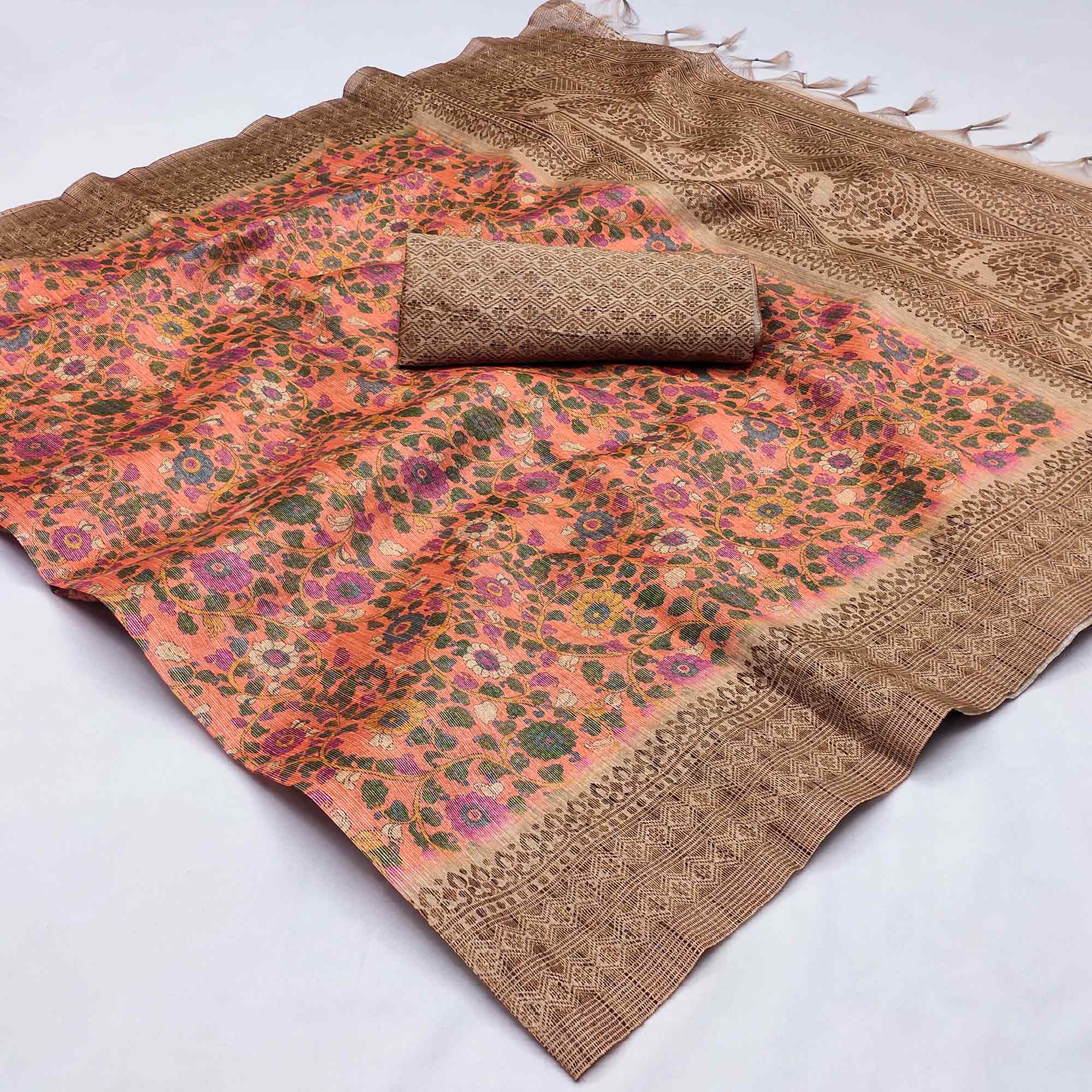 Peach Floral Printed Cotton Silk Saree With Tassels