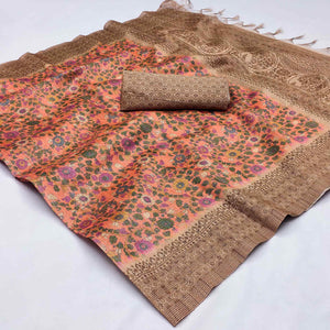 Peach Floral Printed Cotton Silk Saree With Tassels