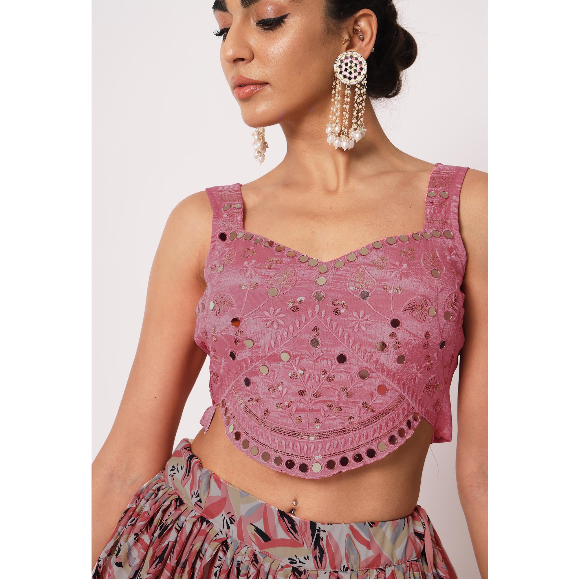 Pink Printed Art Silk Lehenga Choli