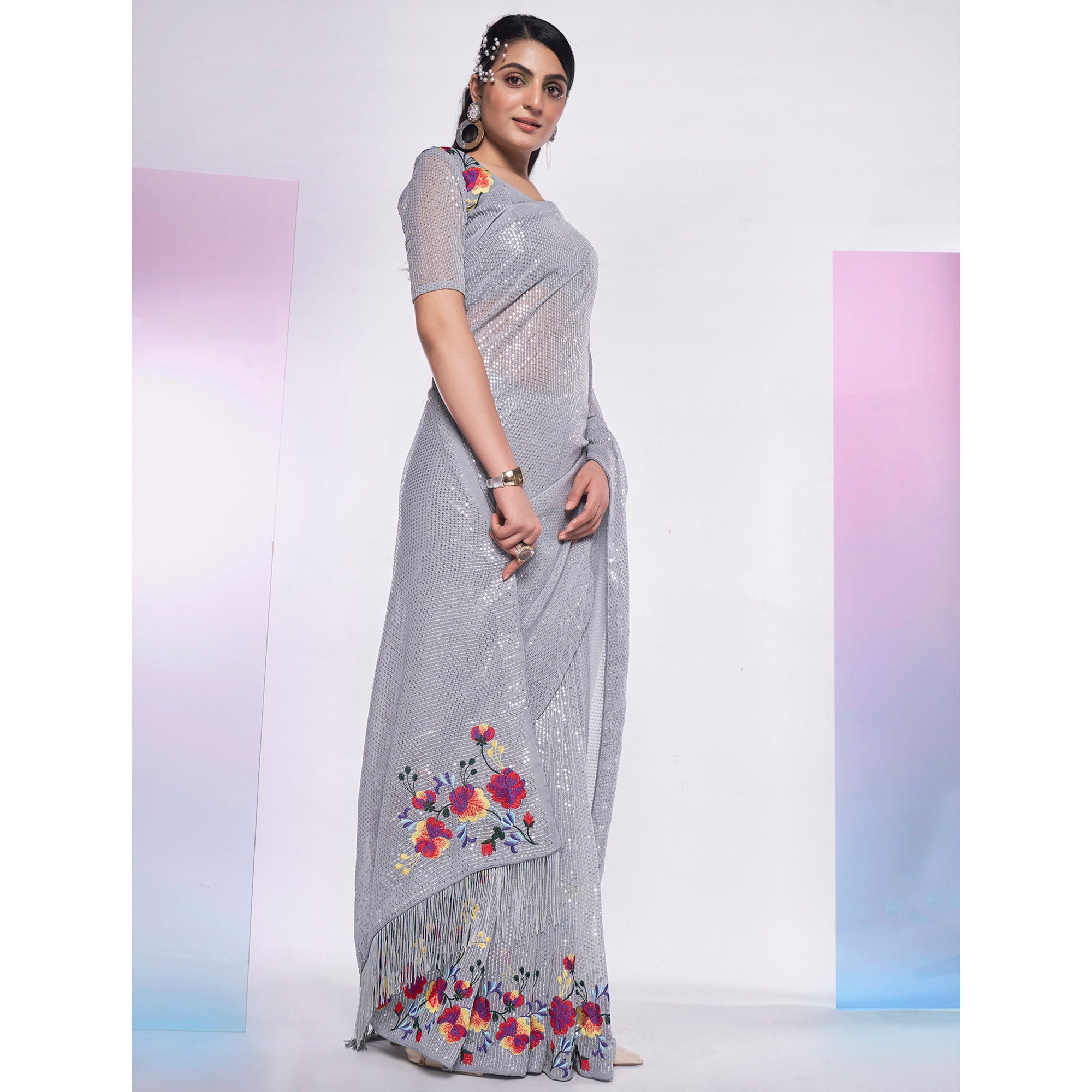 Grey Sequins Embroidered Georgette Saree