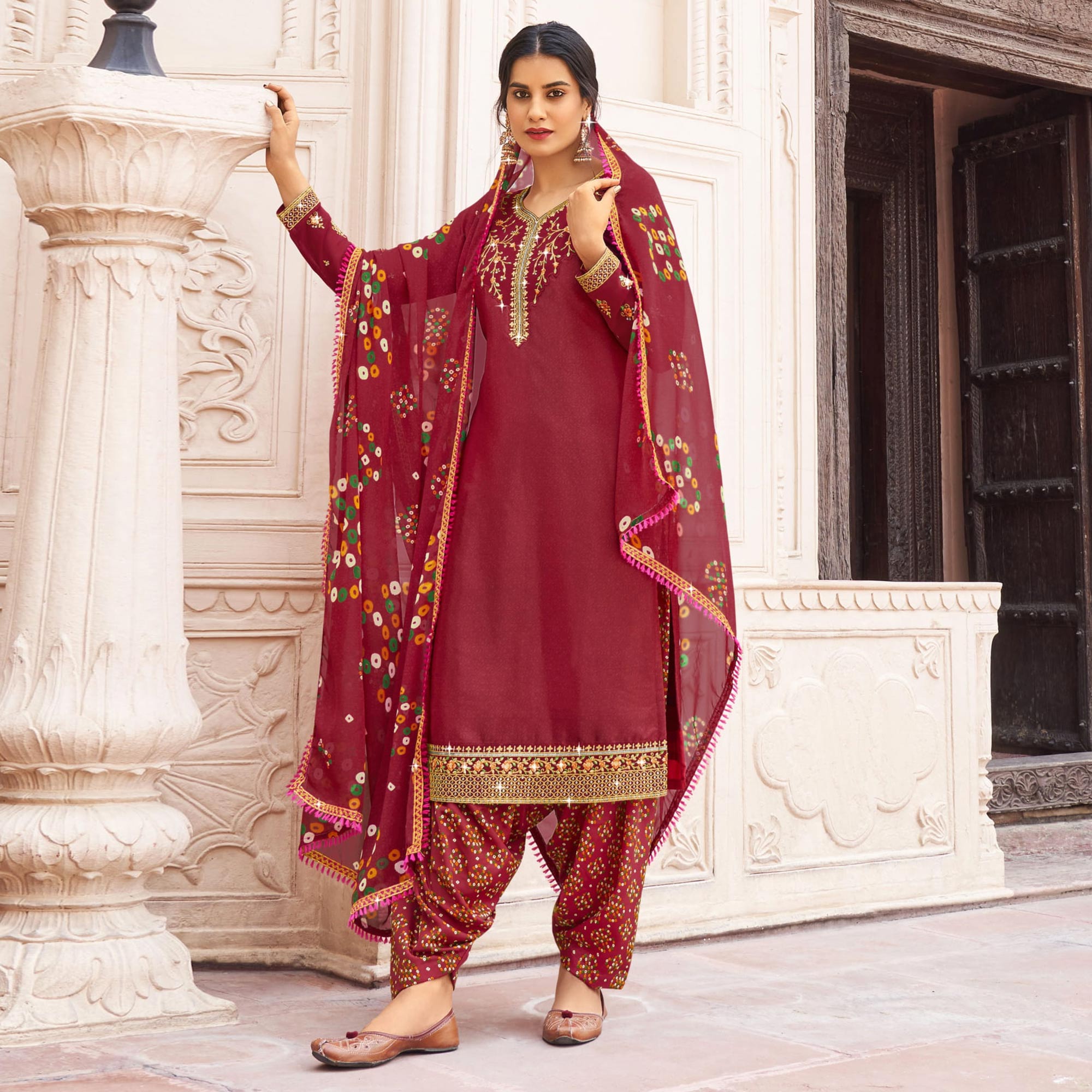 Red Floral Embroidered Crepe Patiala Suit