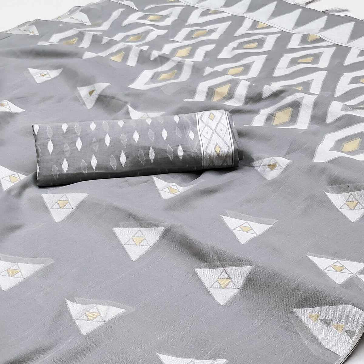 Grey Woven Cotton Saree With Tassels