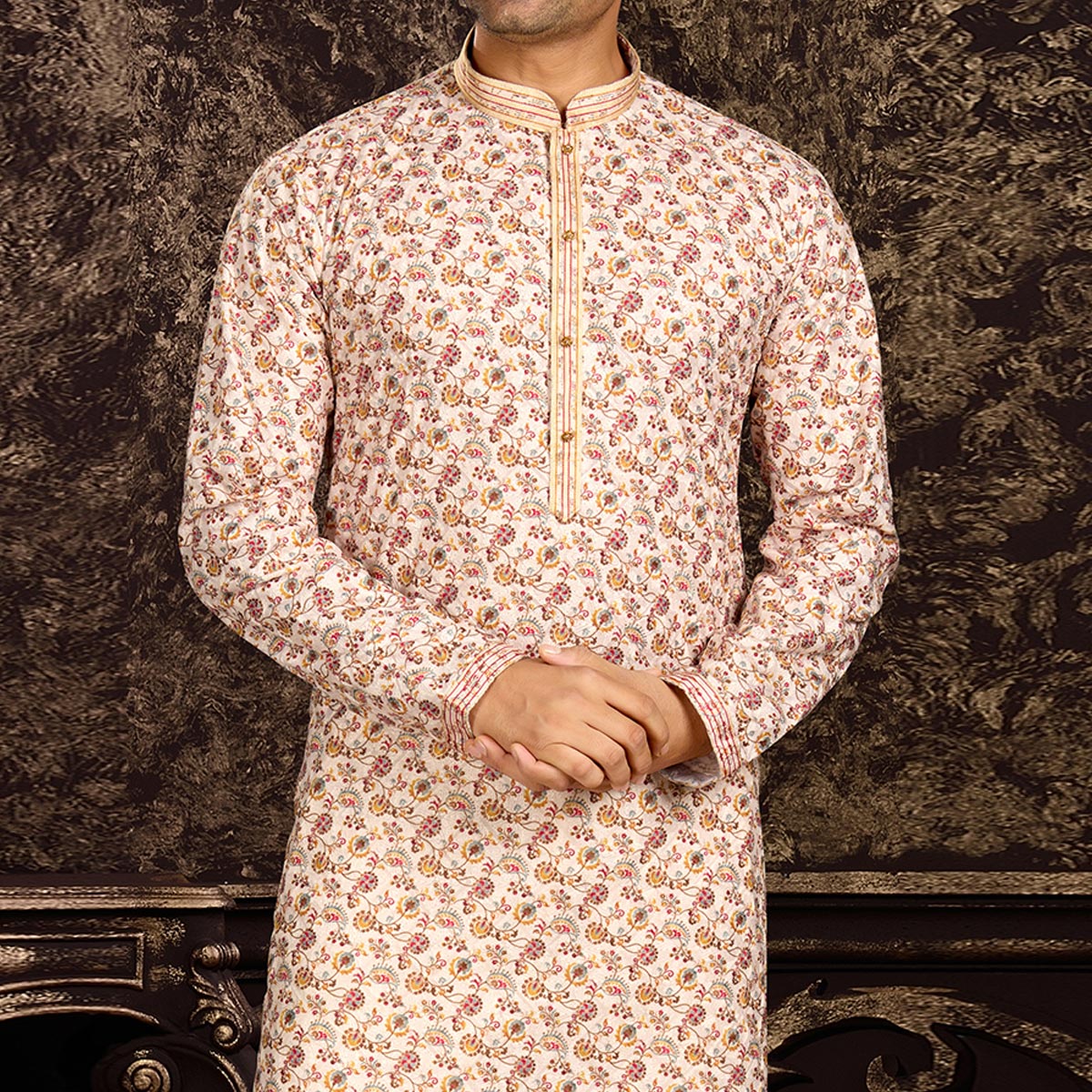 Cream Lucknowi And Digital Printed Cotton Kurta Pyjama Set