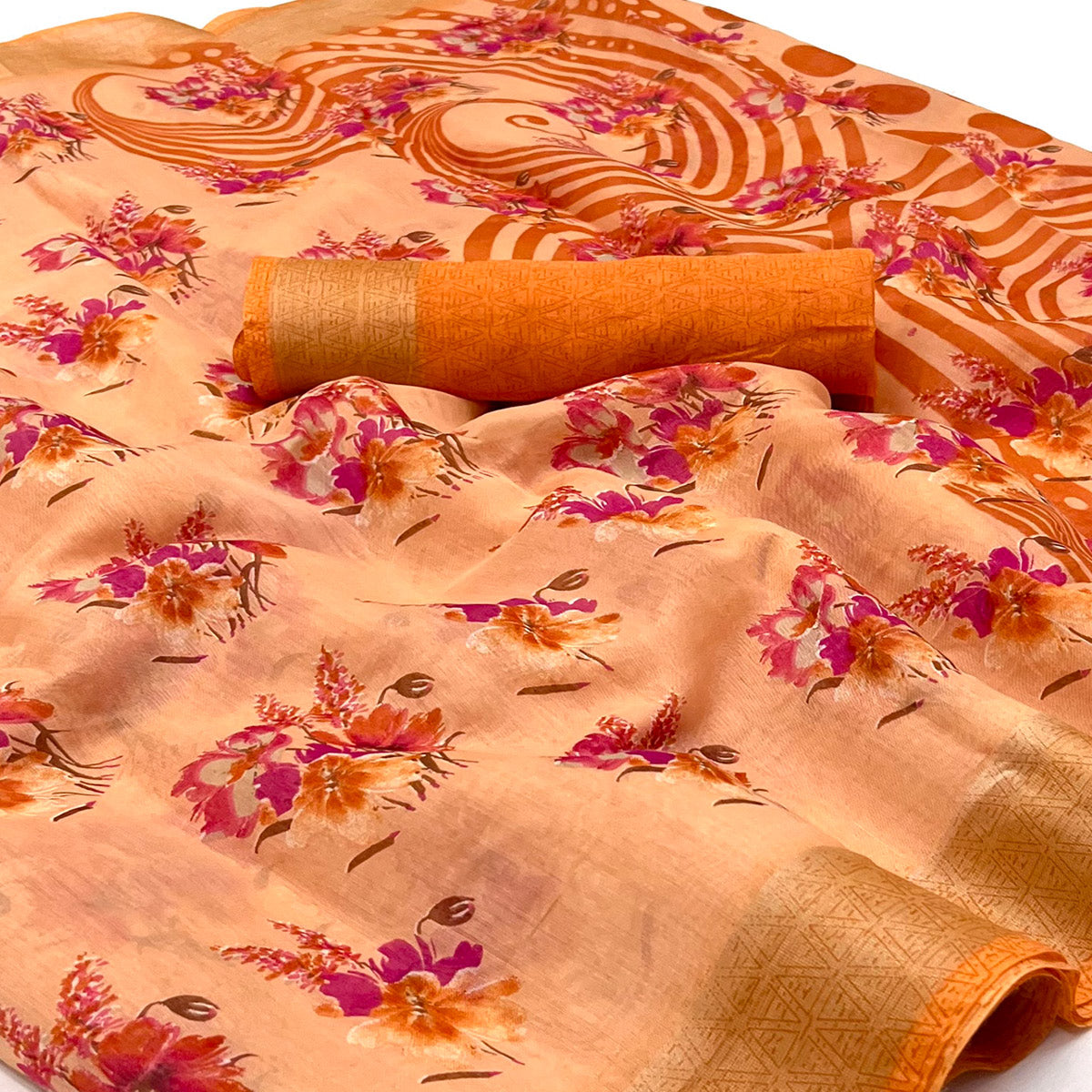 Peach Floral Printed Linen Saree