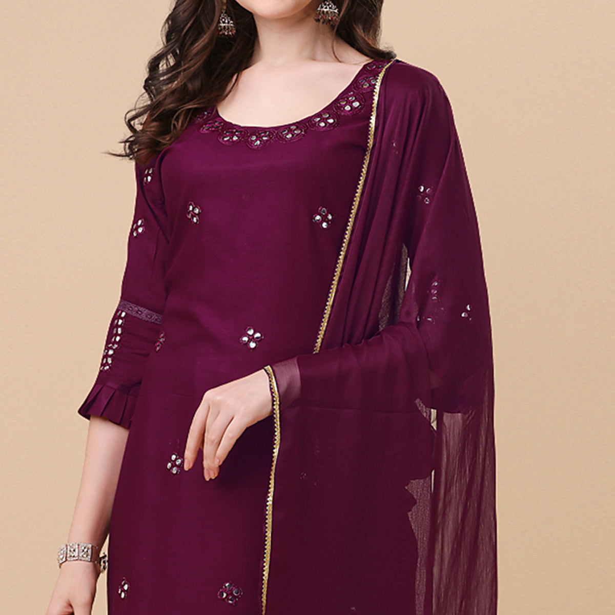 Wine Embroidered Rayon Salwar Suit