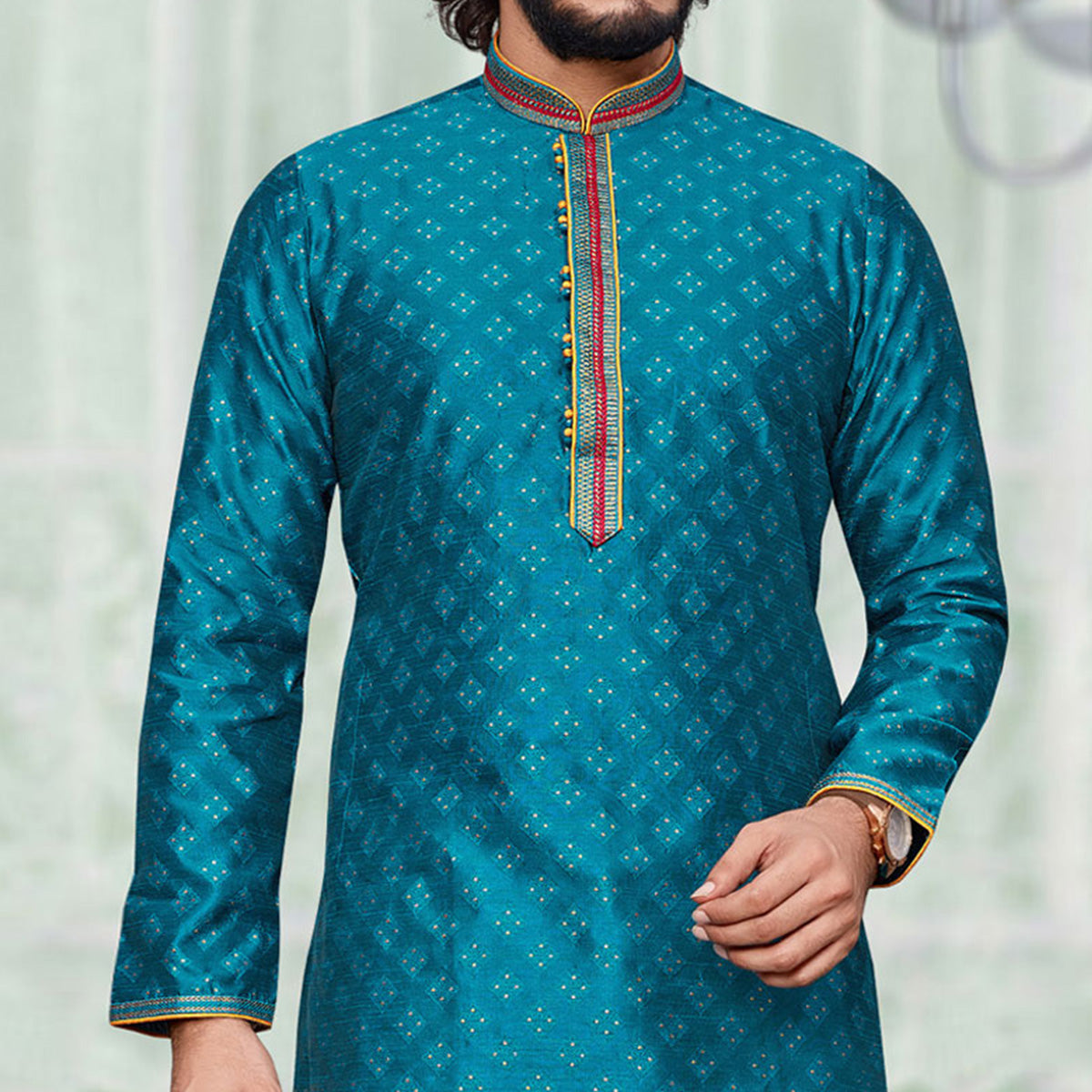 Rama Blue Woven Jacquard Kurta Pyjama Set