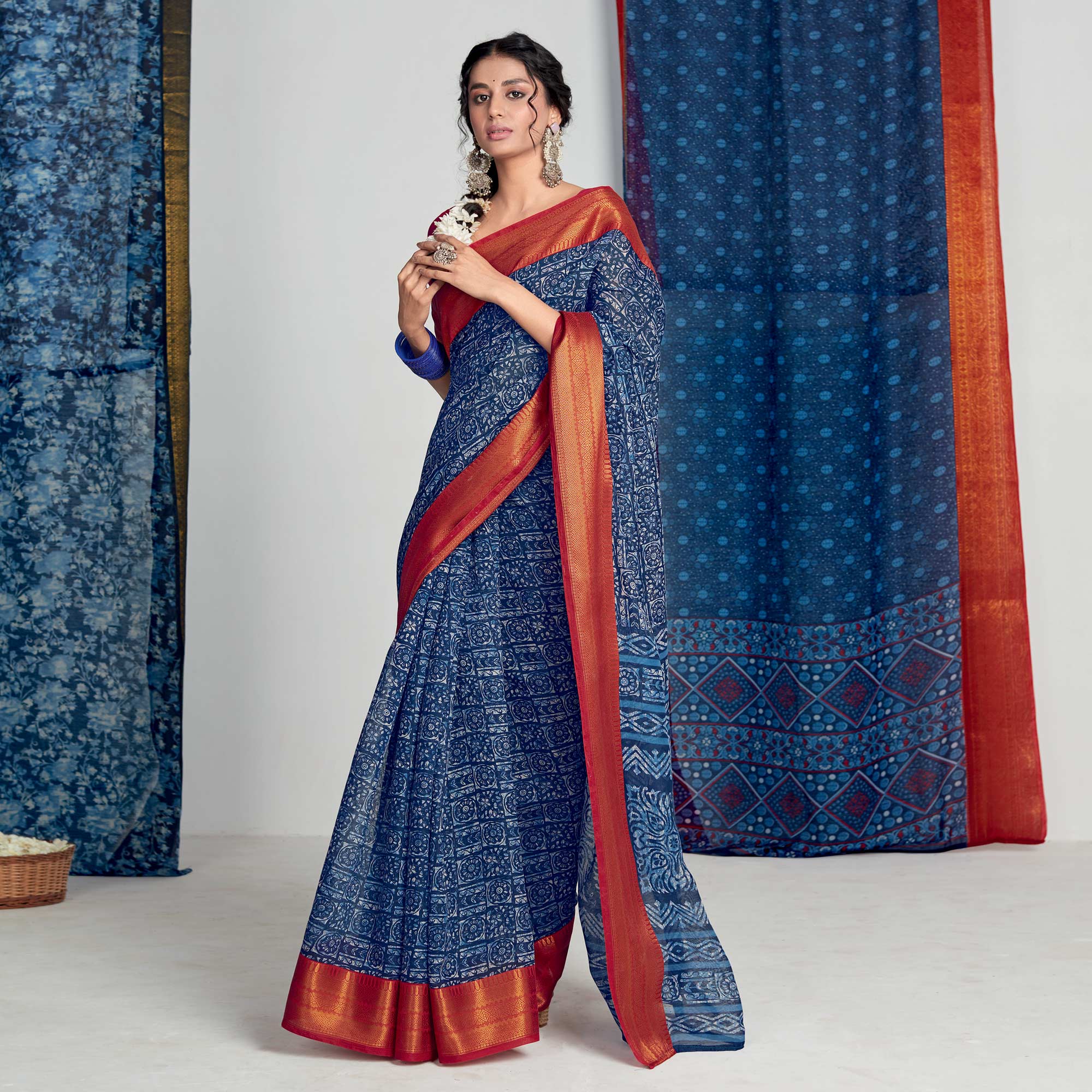 Blue Printed With Woven Border Cotton Blend Saree