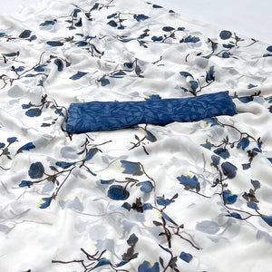 White Navy Blue Floral Printed Georgette Saree