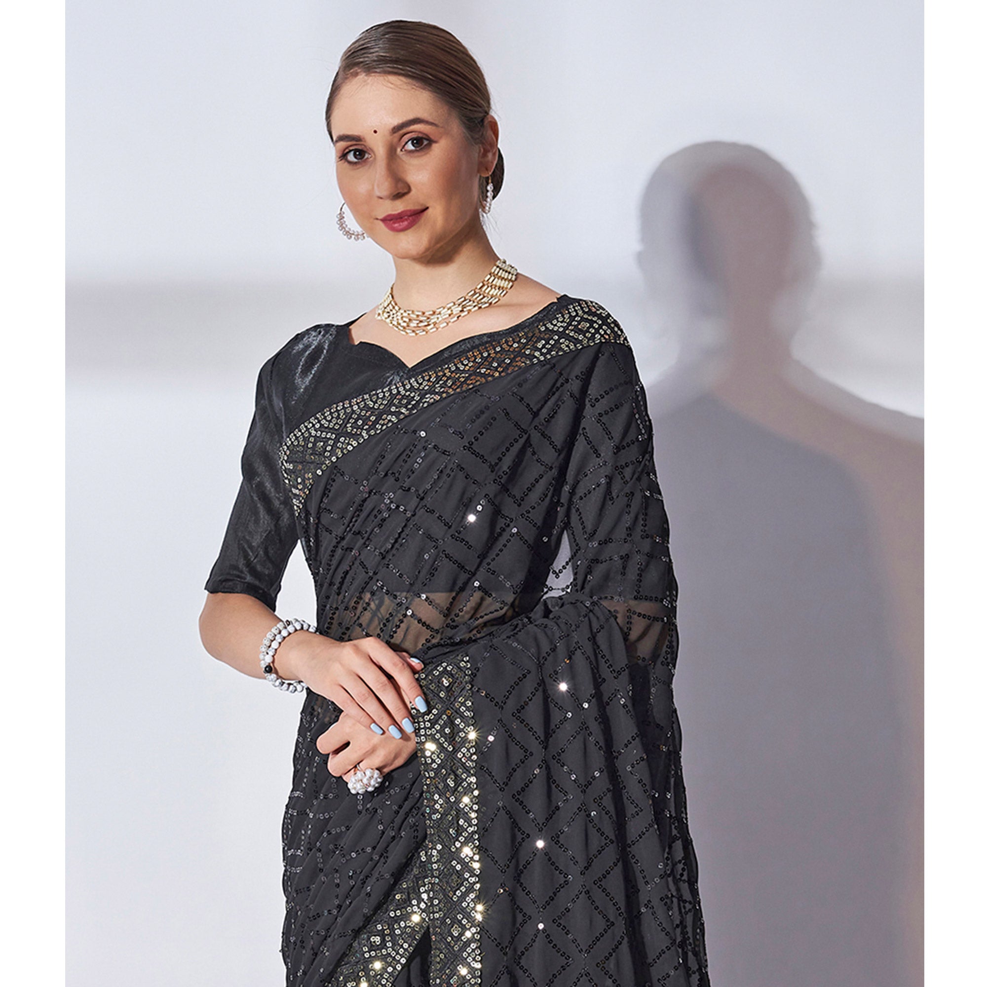 Black Sequins Embroidered Georgette Saree