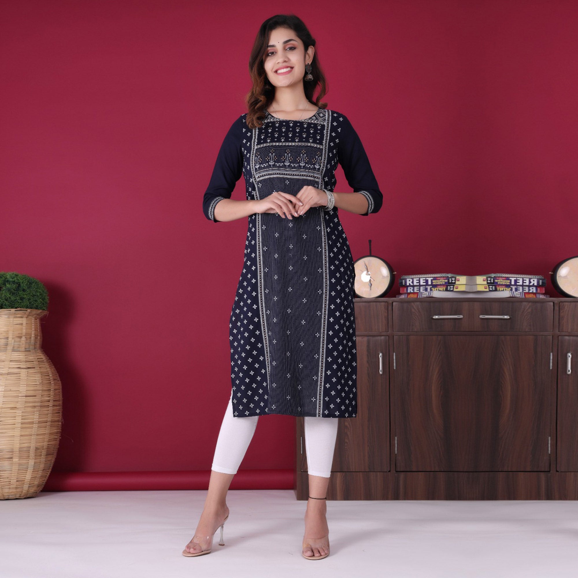 Blue Floral Printed Rayon Kurti