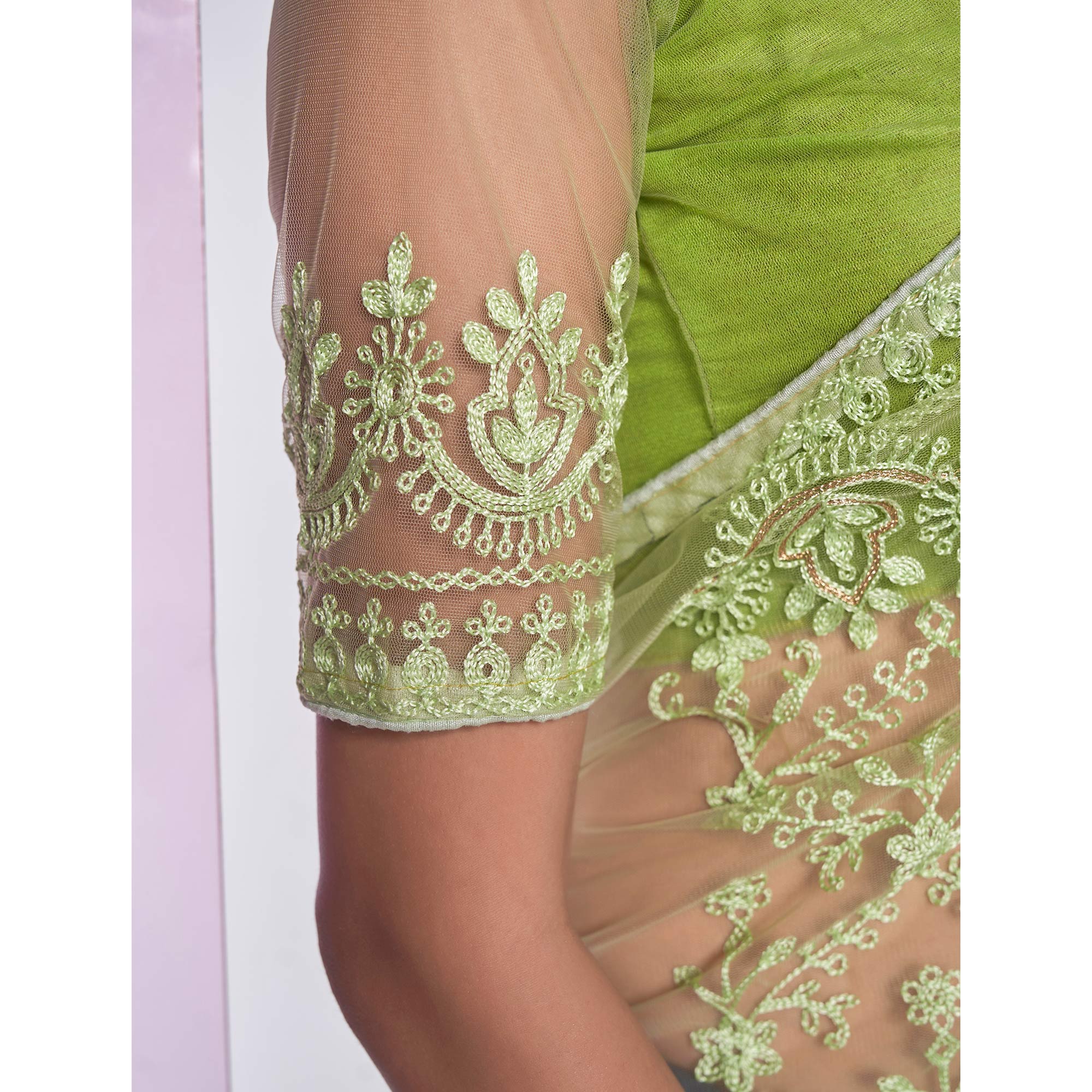 Green Floral Embroidered Net Saree