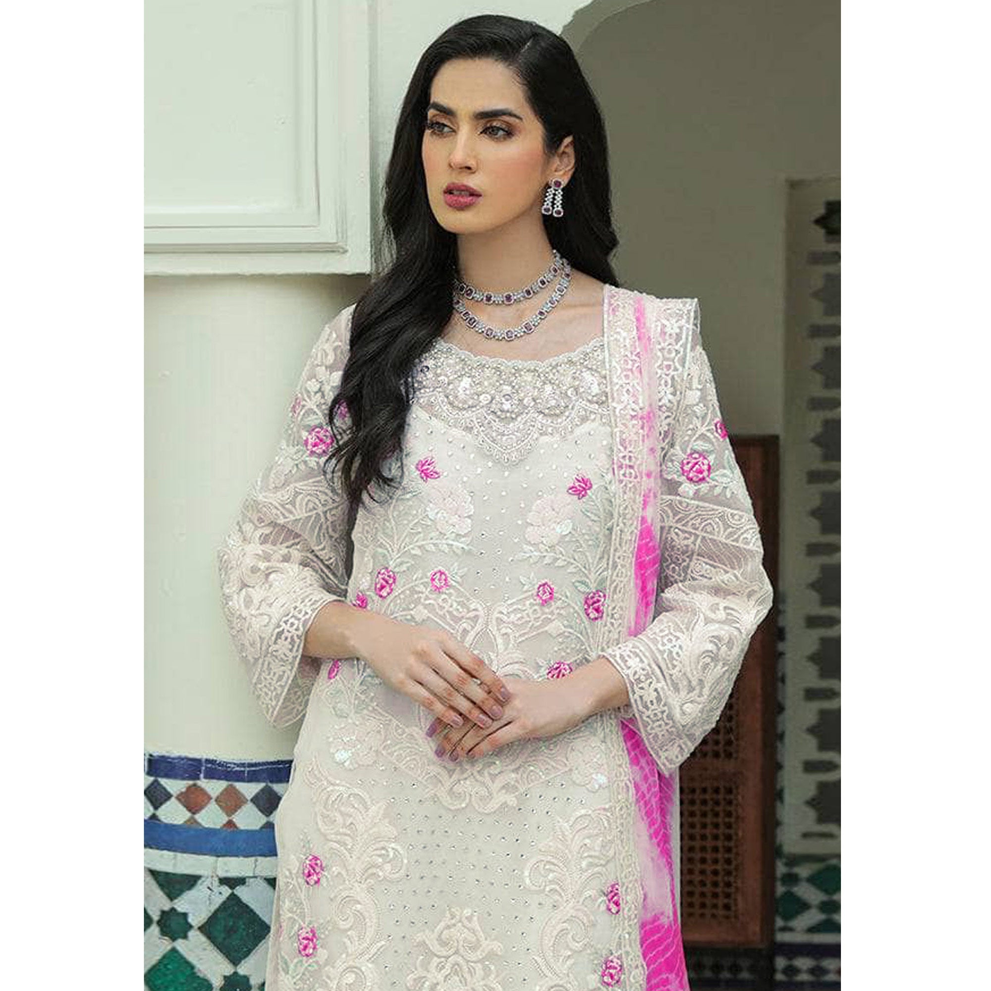 White Sequins Embroidered Georgette Pakistani Suit