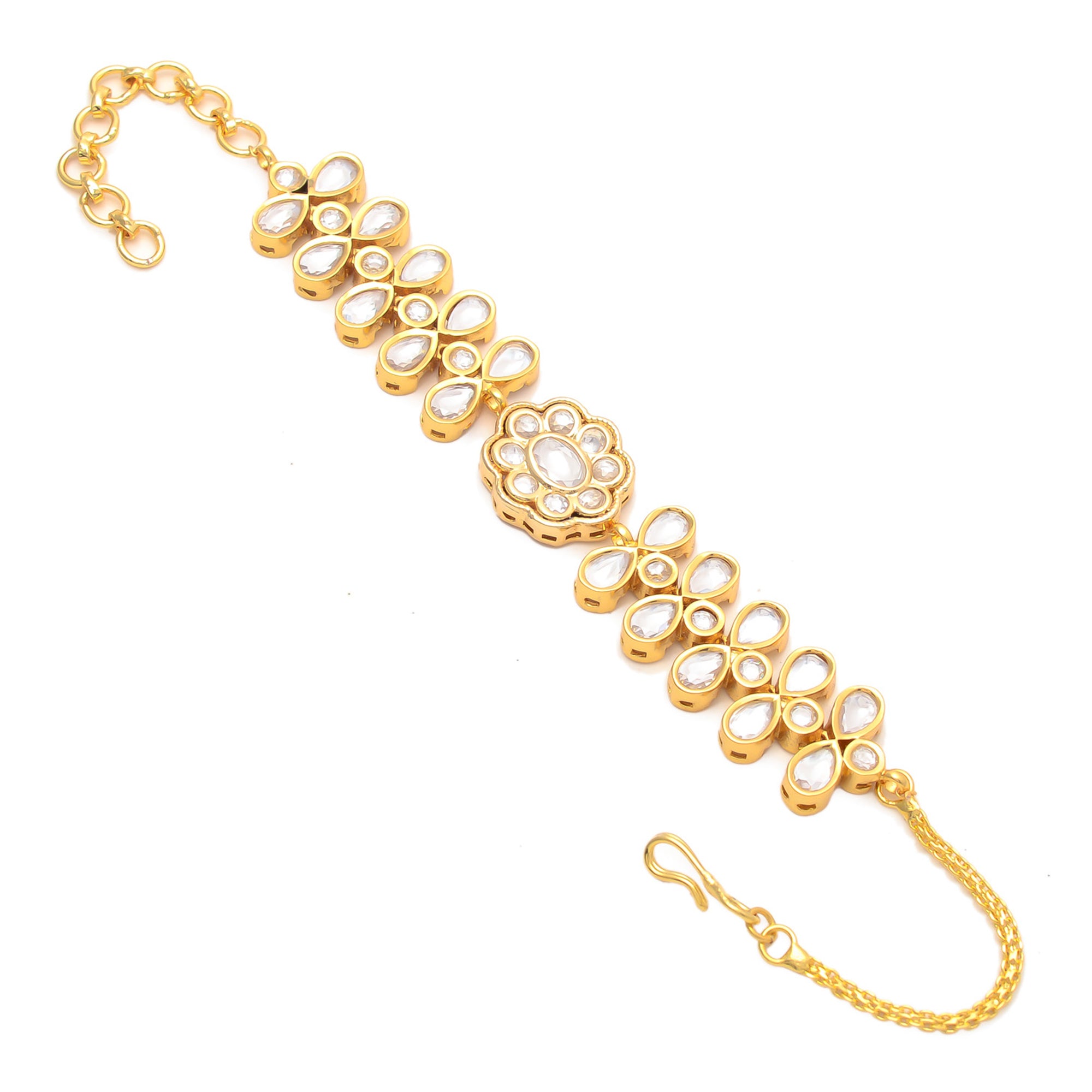 Gold Kundan Stone Long Chain Bracelet