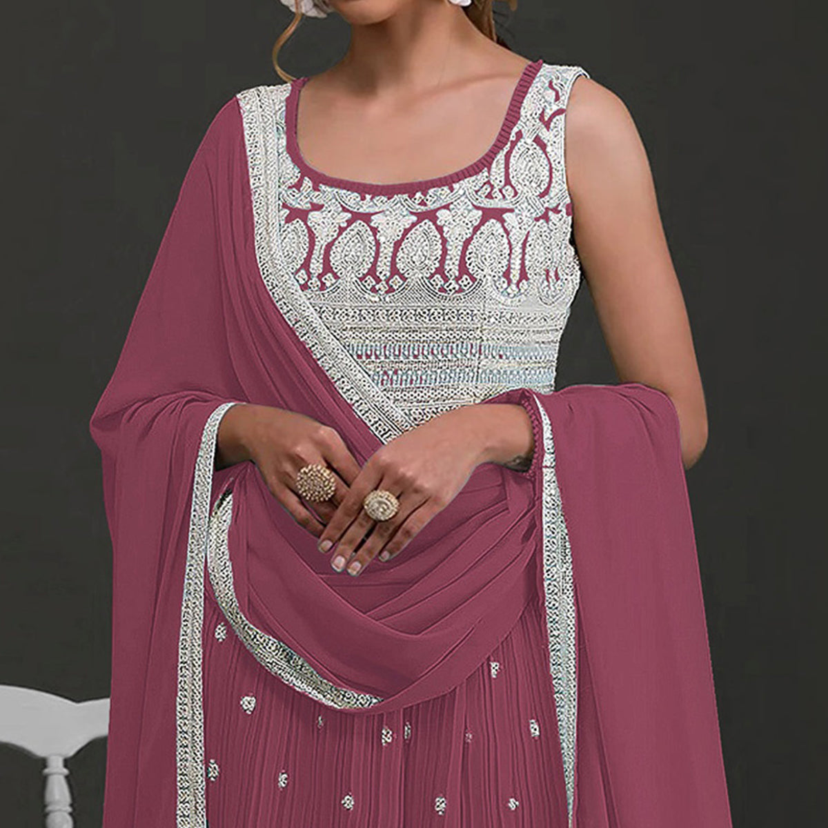 Mauve Embroidered Georgette Naira Cut Palazzo Suit