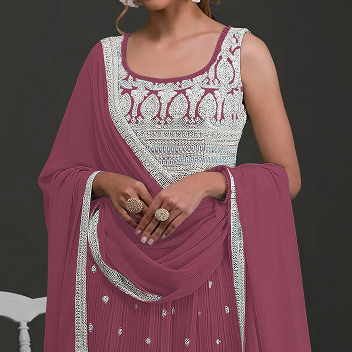 Mauve Embroidered Georgette Naira Cut Semi Stitched Palazzo Suit