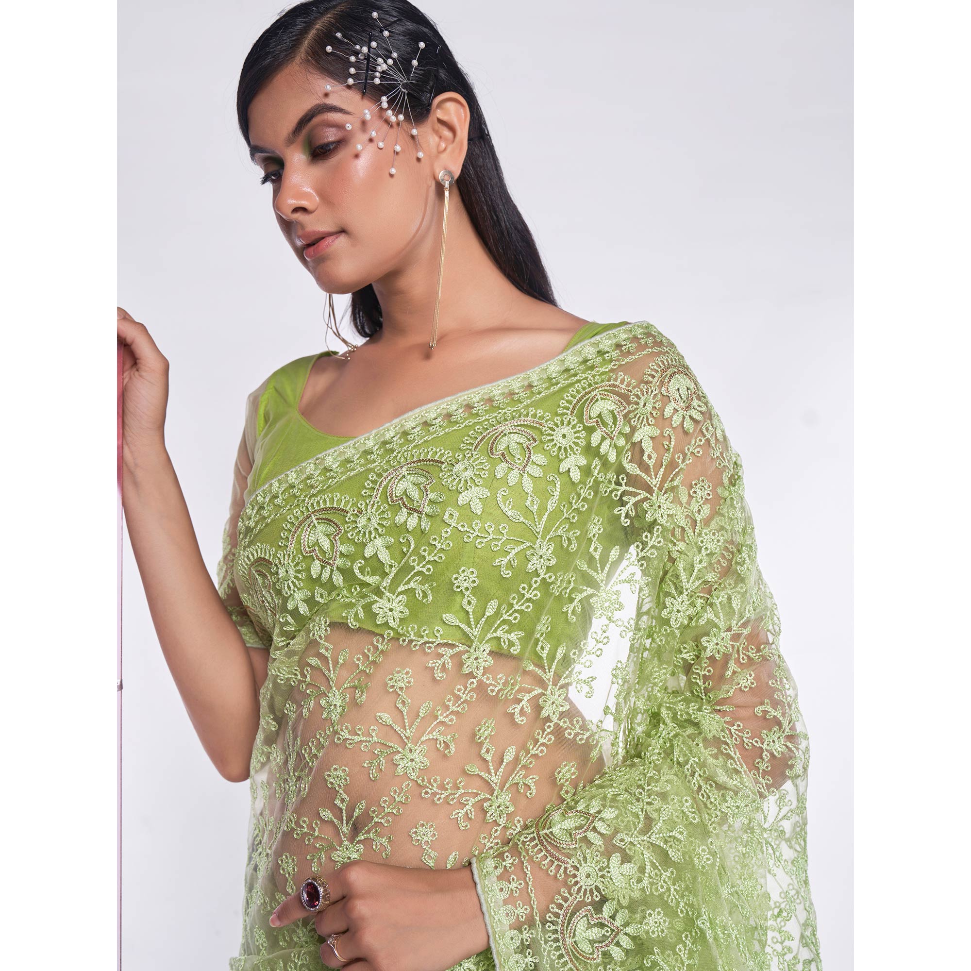 Green Floral Embroidered Net Saree