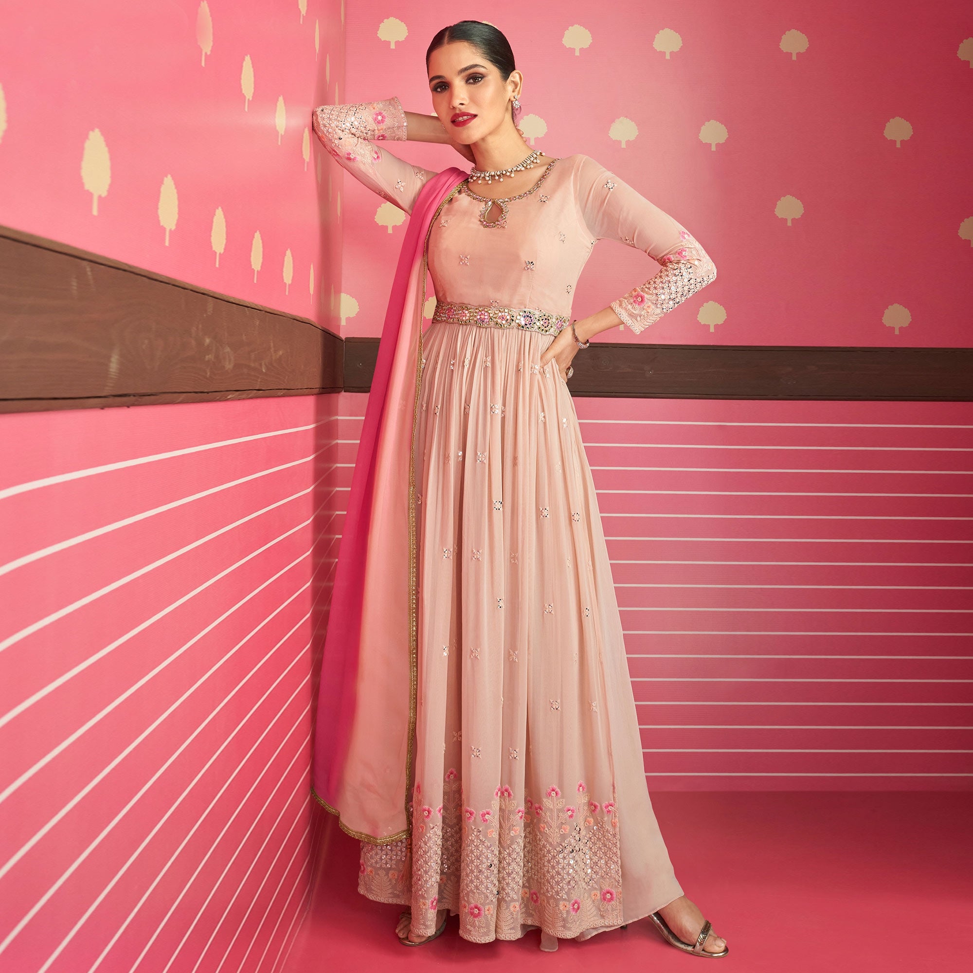 Peach Embroidered With Mirror Georgette Naira Cut Sharara Suit