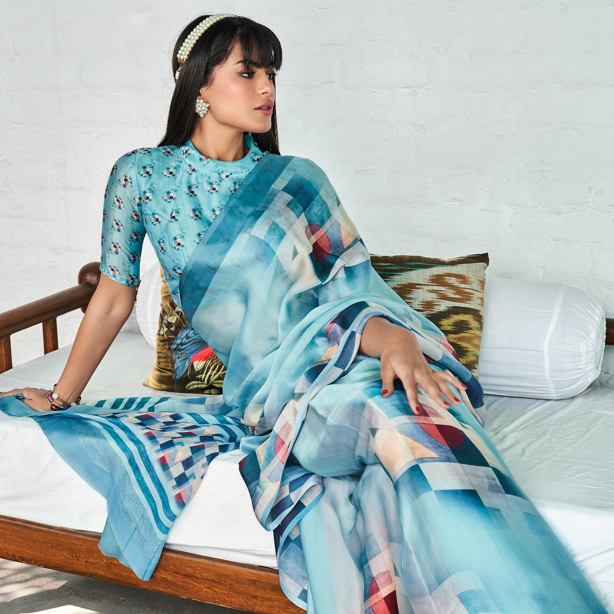 Blue Digital Printed Satin Saree