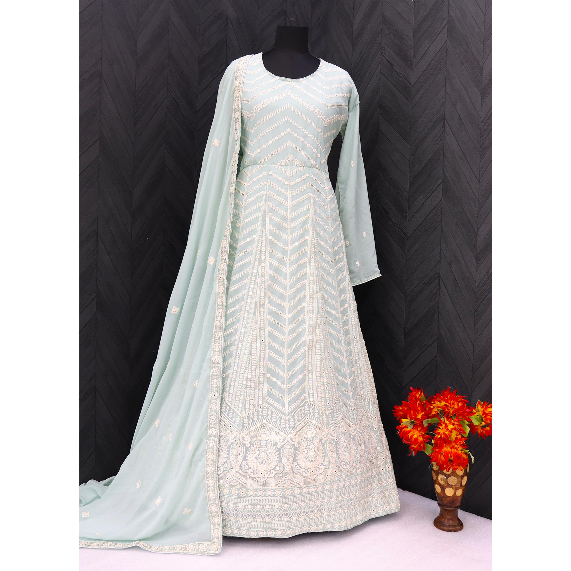 Mint Green Sequins Embroidered Georgette Semi Stitched Anarkali Suit