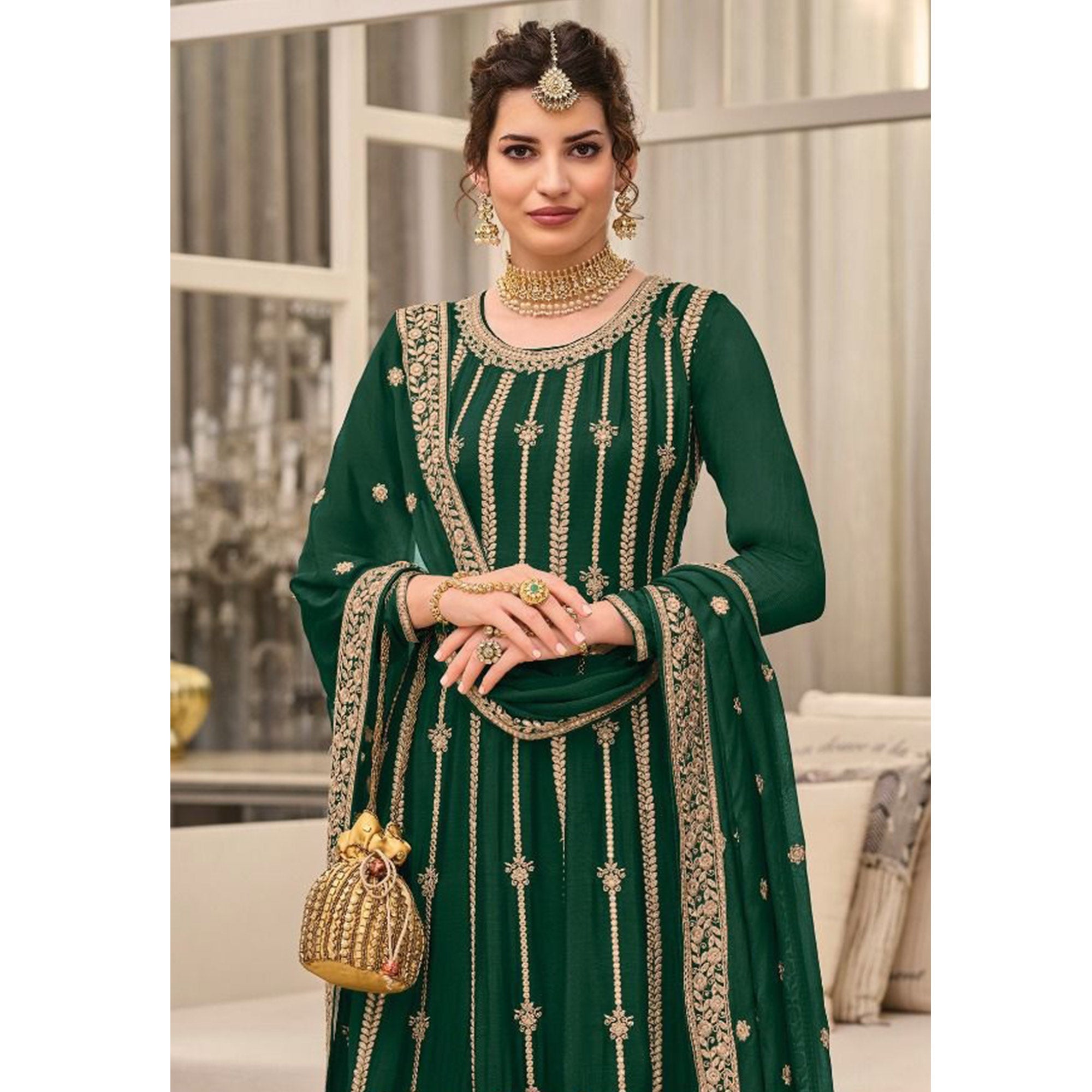 Green Floral Embroidered Georgette Sharara Suit