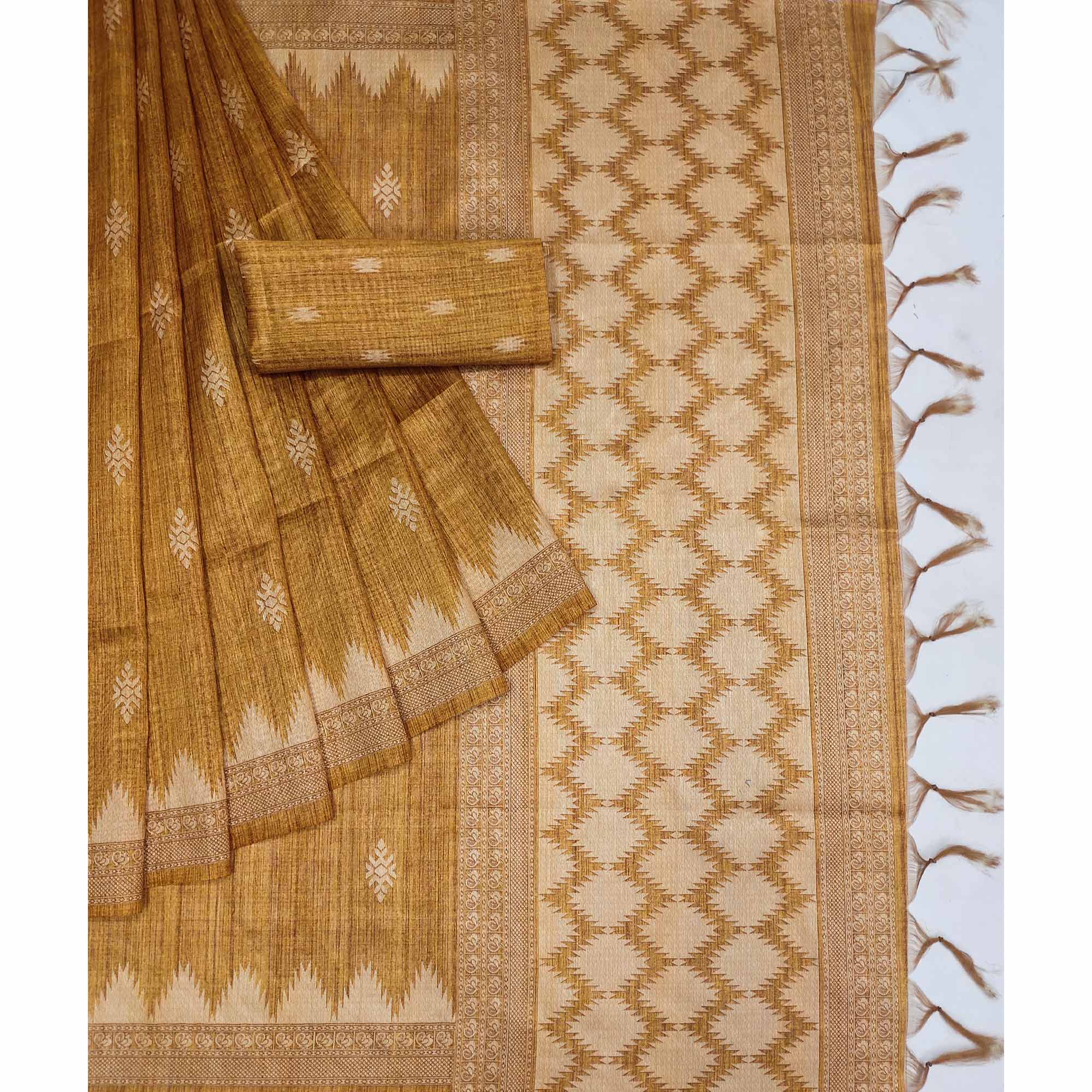 Mustard Printed Tussar Silk Saree With Tassels