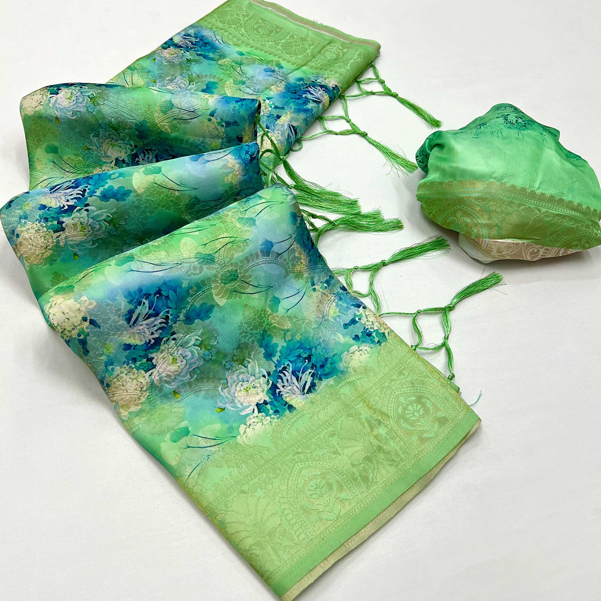 Green Floral Digital Printed Jacquard Saree