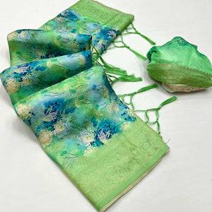 Green Floral Digital Printed Jacquard Saree