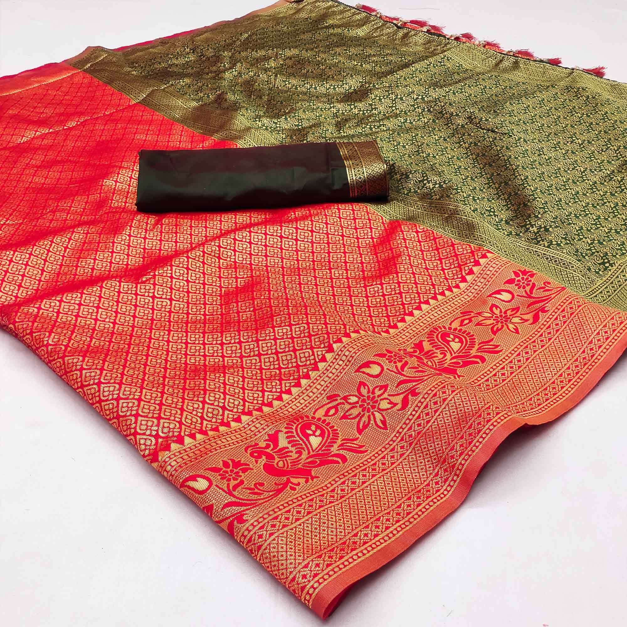 Red Woven Jacquard Saree With Tassels