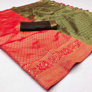 Red Woven Jacquard Saree With Tassels