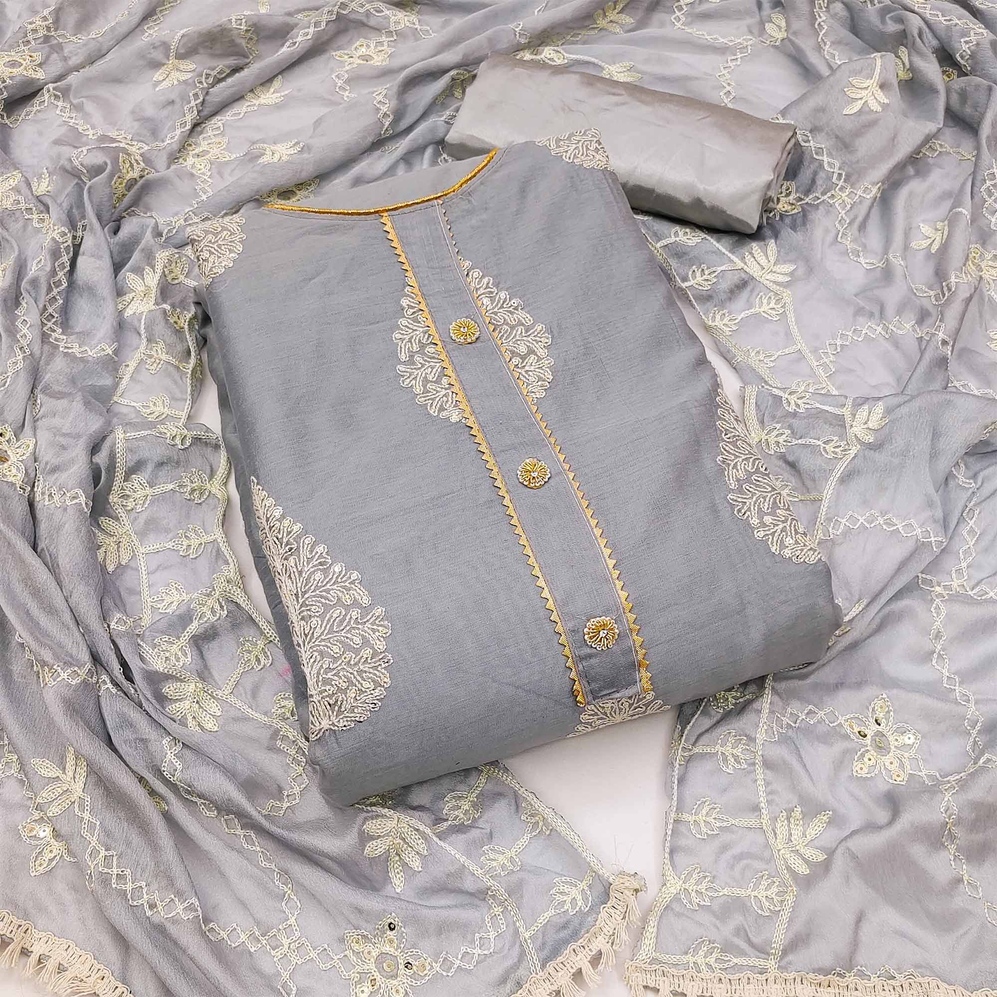 Grey Embroidered Chanderi Dress Material