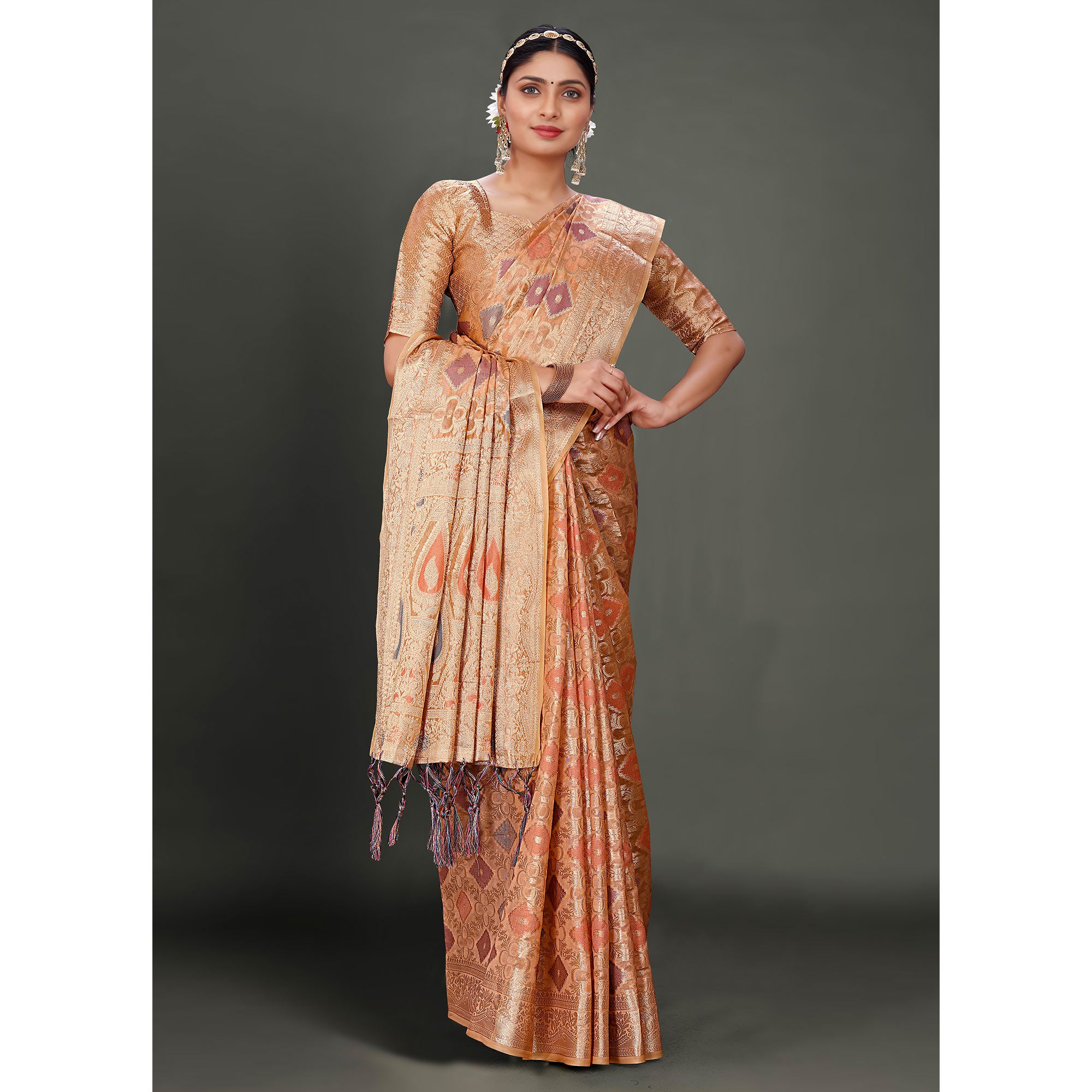 Dark Peach Woven Organza Saree With Tassels