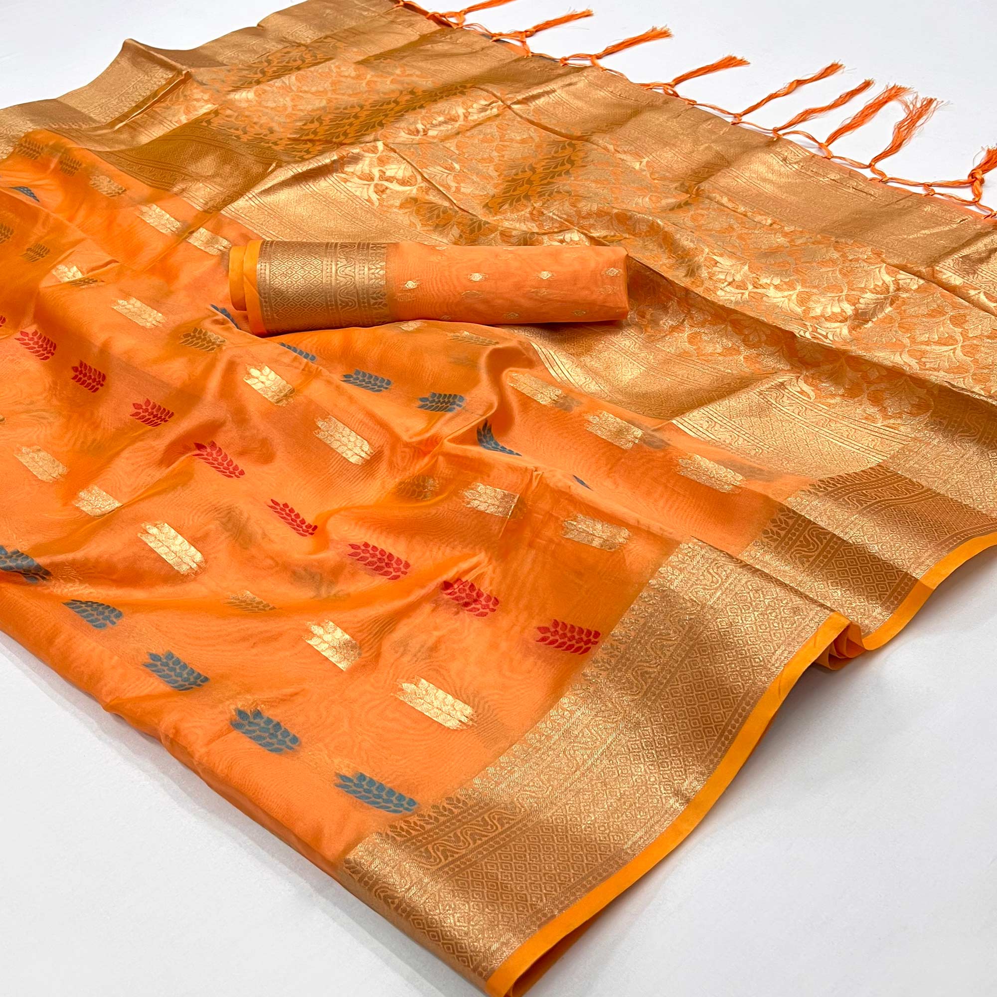 Orange Floral Woven Organza Saree